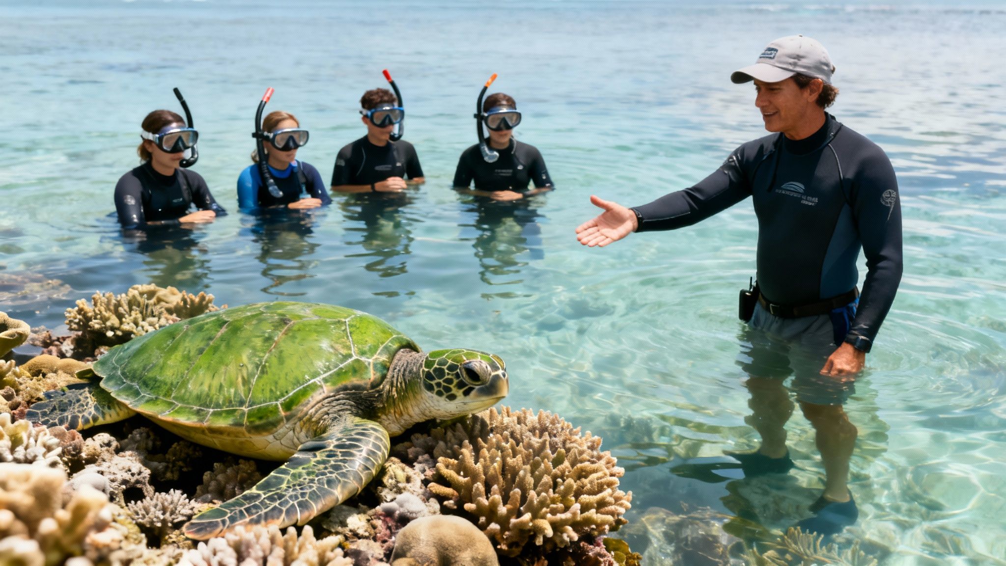 A guide shows a green sea turtle resting on coral to snorkelers in clear ocean water.
