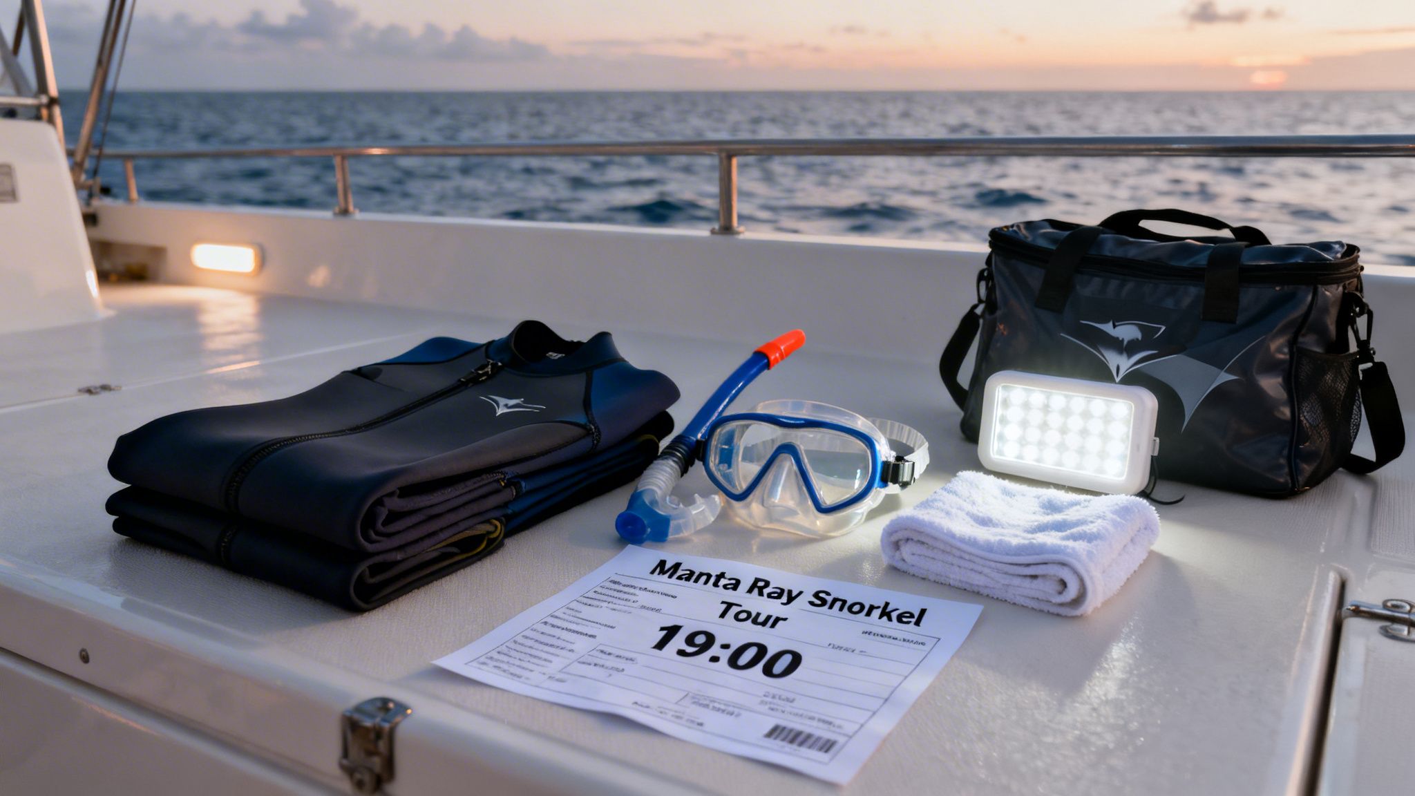 Manta ray snorkeling gear including wetsuits, mask, snorkel, and light on a boat deck at sunset.