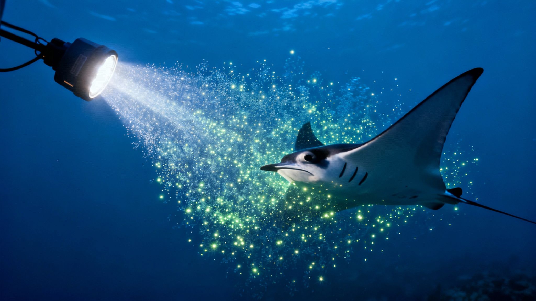 A majestic manta ray swims underwater, feeding on glowing plankton illuminated by a diver's light.