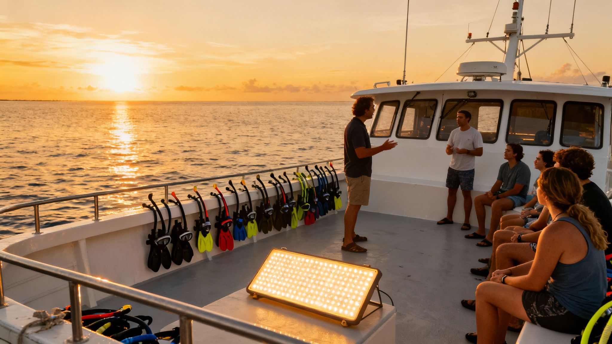 A group on a boat at sunset receiving a briefing, with snorkeling gear hanging on the rail.