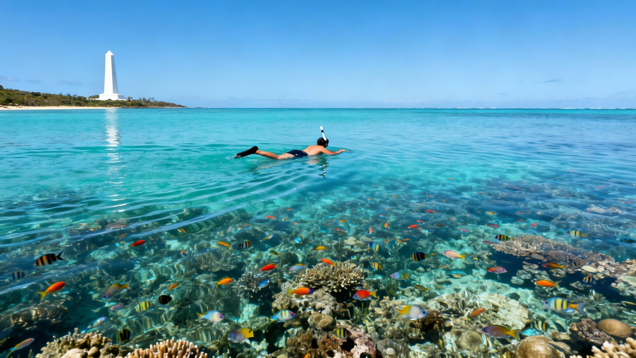 A snorkeler explores a vibrant coral reef teeming with colorful fish and a white obelisk on the distant shore.
