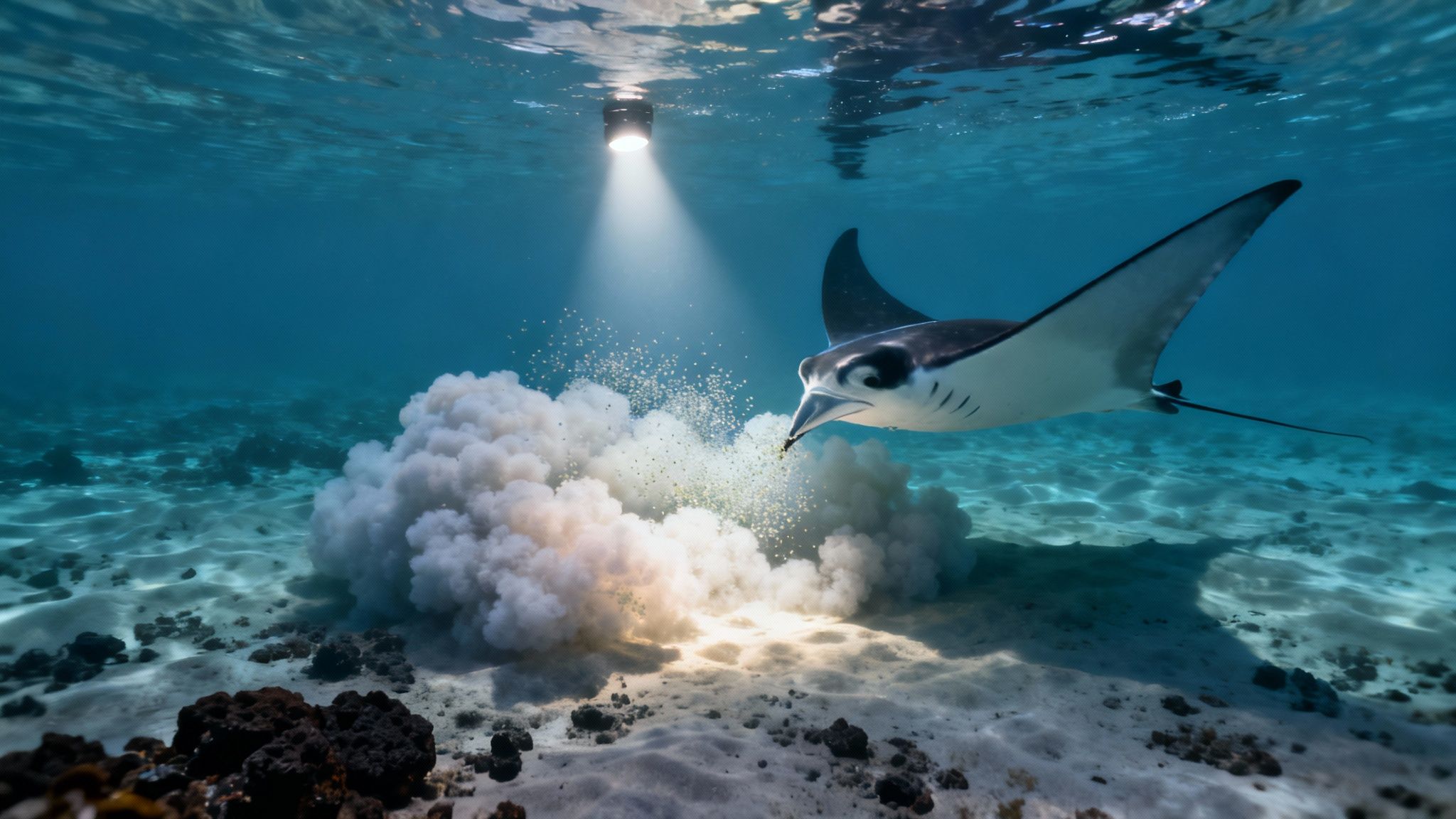 An oceanic manta ray feeding on plankton under a bright spotlight in clear blue water.