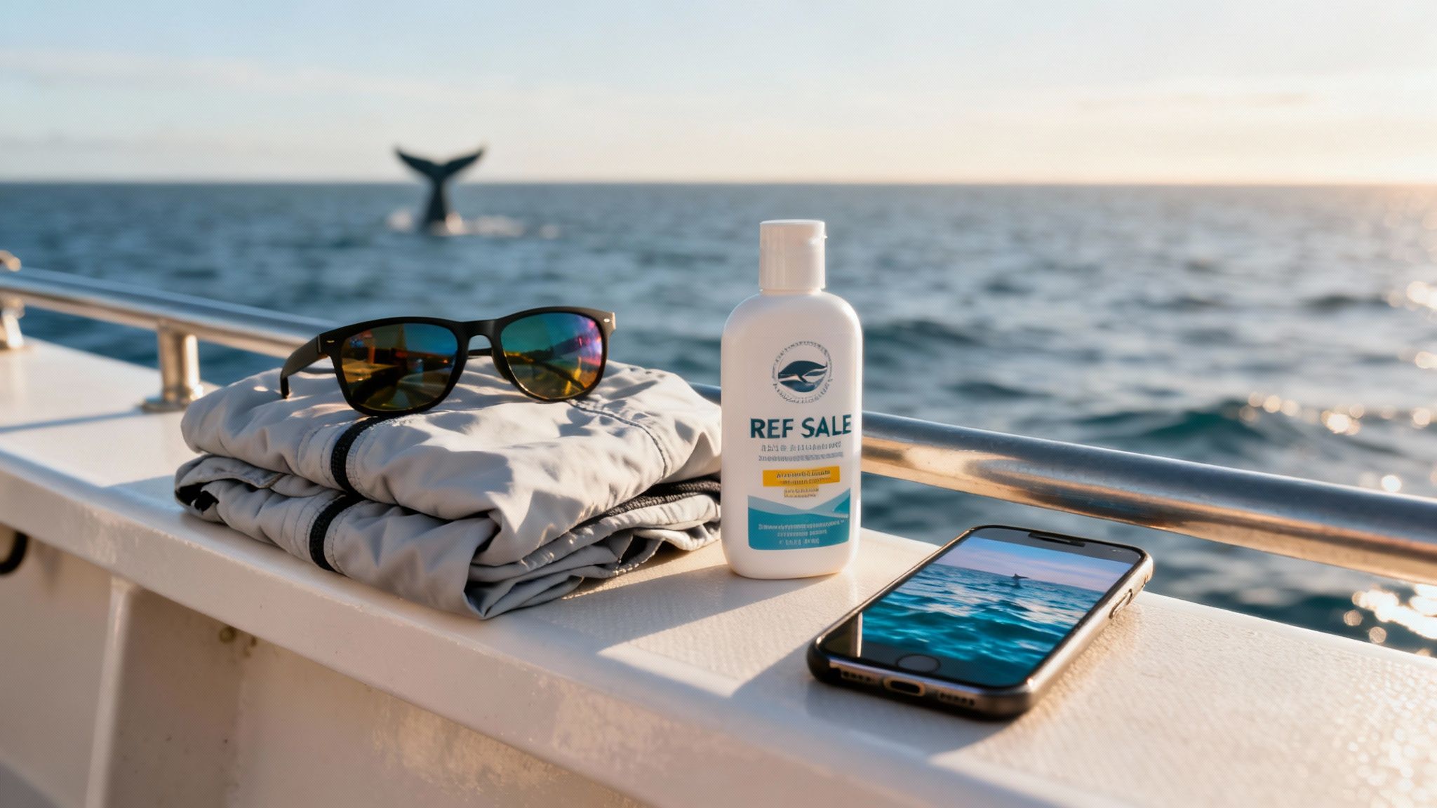A family smiling and pointing from a boat, equipped with sunglasses and light jackets, during a whale watching tour.