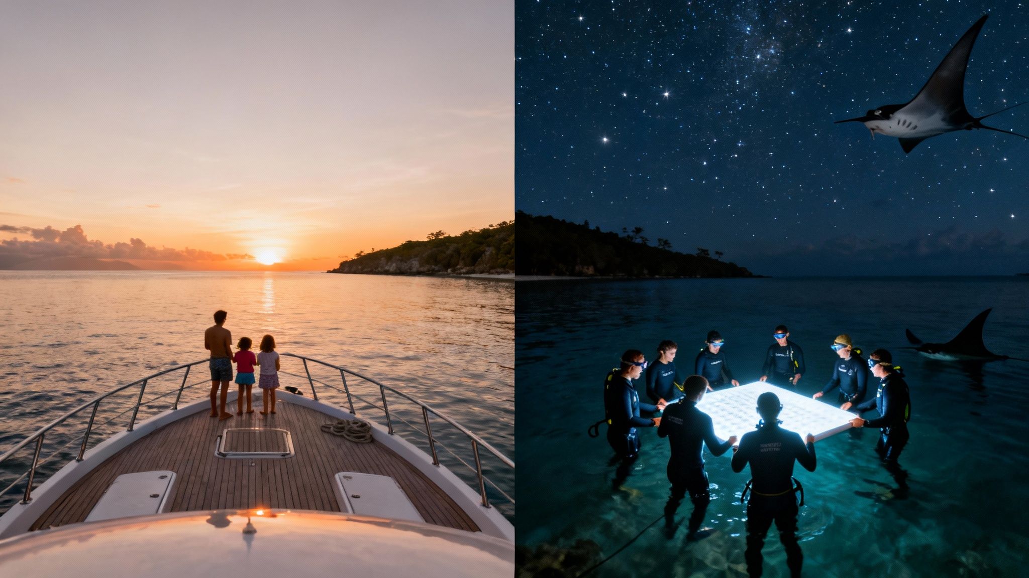 Two scenes: a family on a yacht at sunset, and divers with manta rays under a starry night.