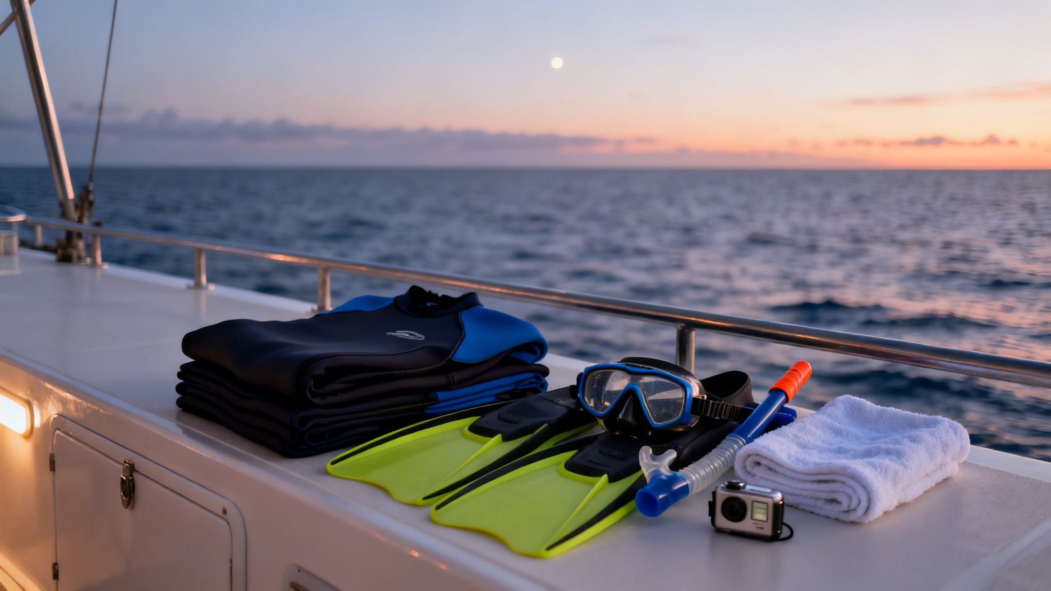 Snorkeling gear, including wetsuits, fins, mask, and snorkel, laid out on a boat deck at sunset.