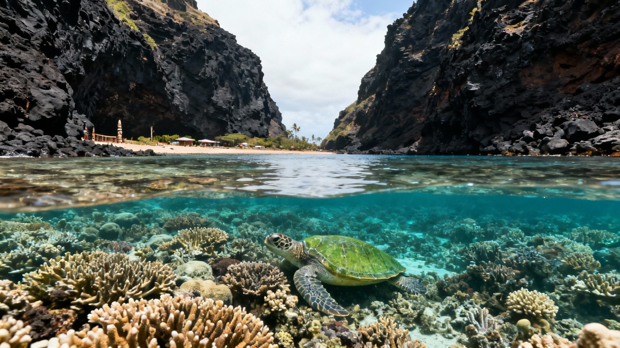 Green sea turtle among vibrant coral reef underwater and a secluded beach with dark cliffs above.