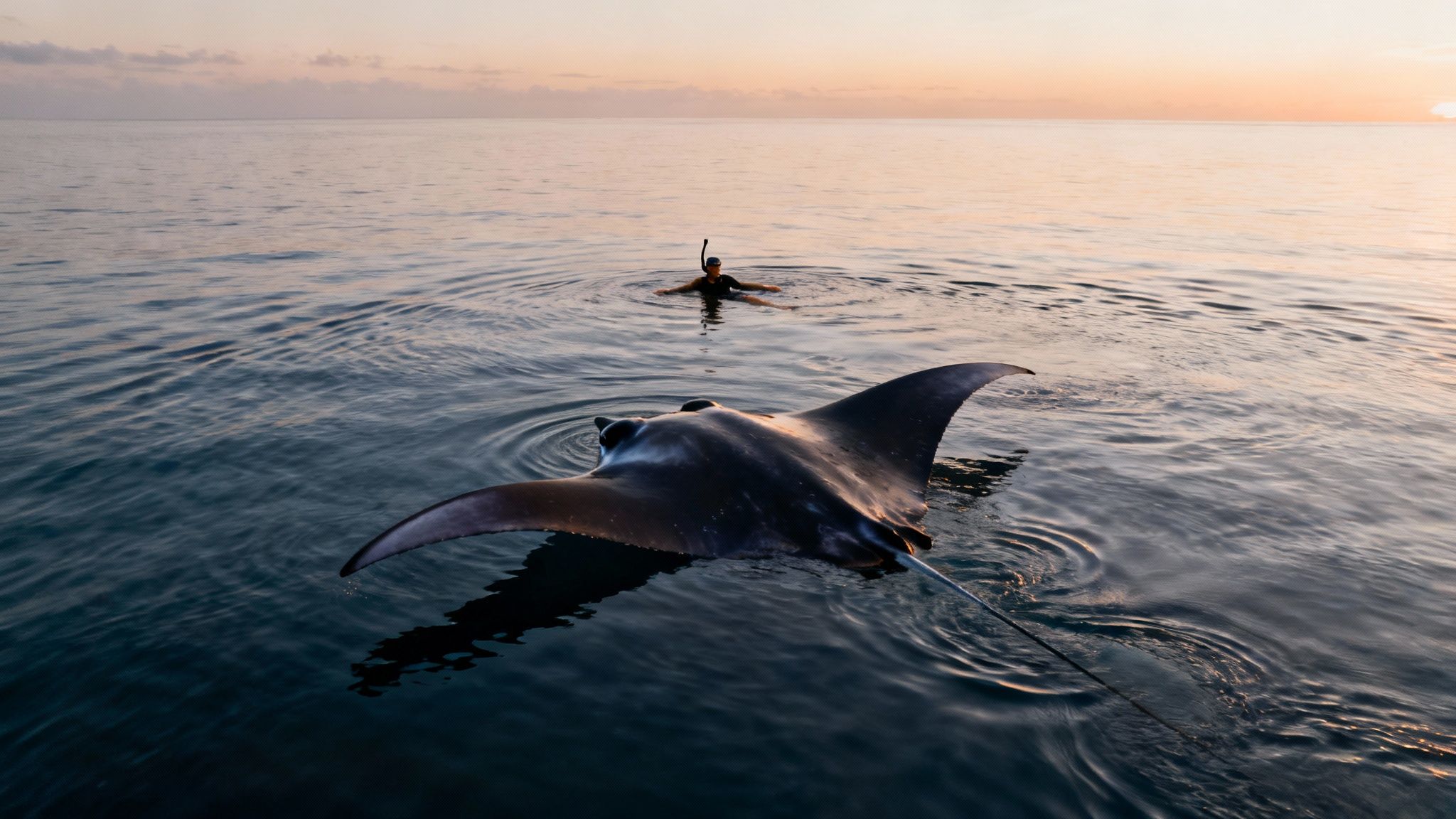 A person snorkeling with a large manta ray at sunset in calm ocean water, seen from above.