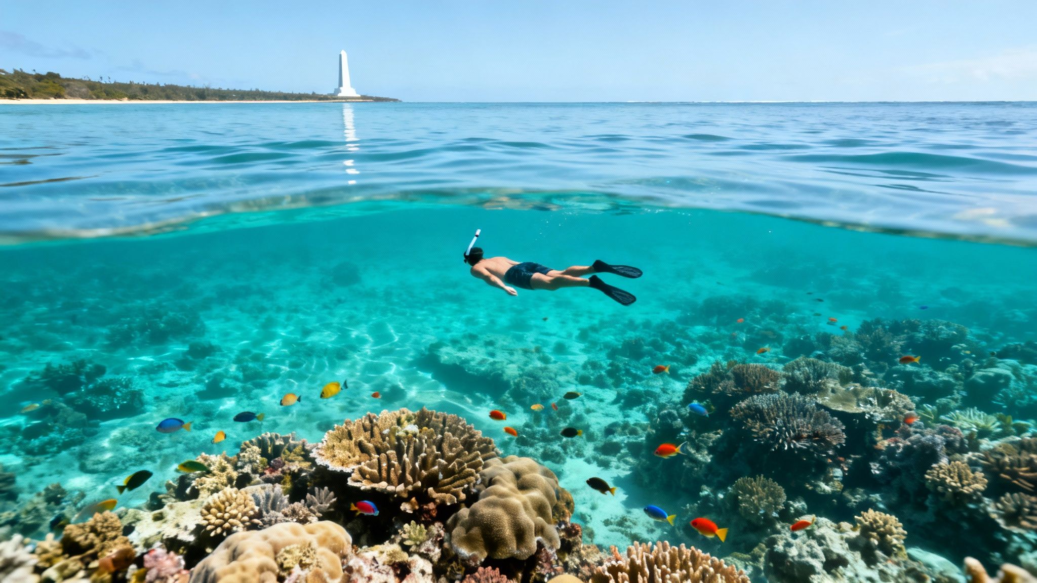 Split-level photo of a person snorkeling over a vibrant coral reef with colorful fish, tropical island, and white lighthouse.