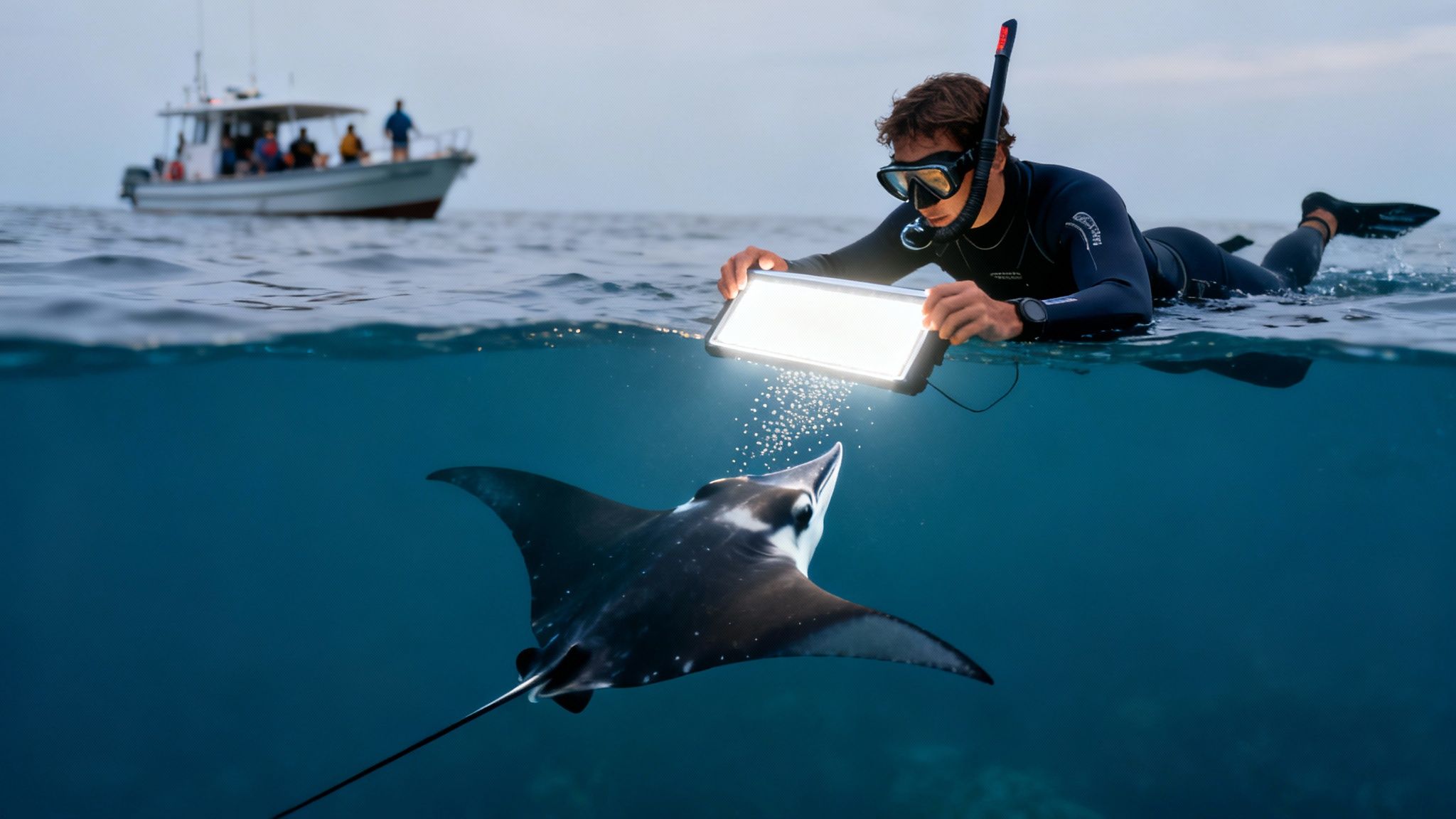Snorkeler with an underwater light attracting a manta ray near a tour boat.