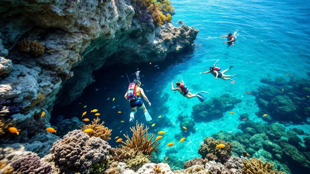 A view of the calm, cliff-sheltered waters of Kealakekua Bay, which protect the vibrant coral and fish life.