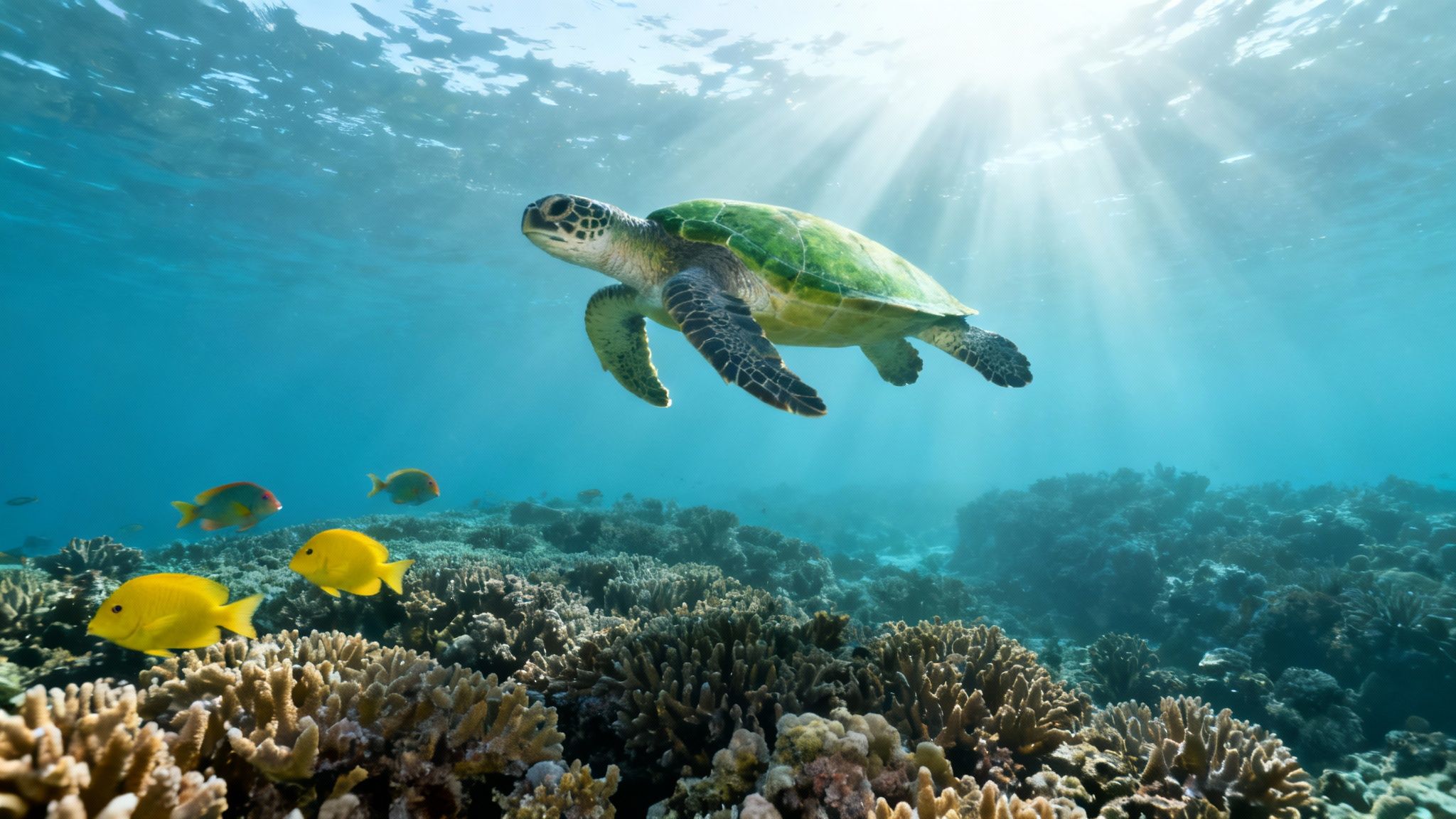 A vibrant underwater scene showing a Hawaiian green sea turtle swimming over a colorful coral reef.