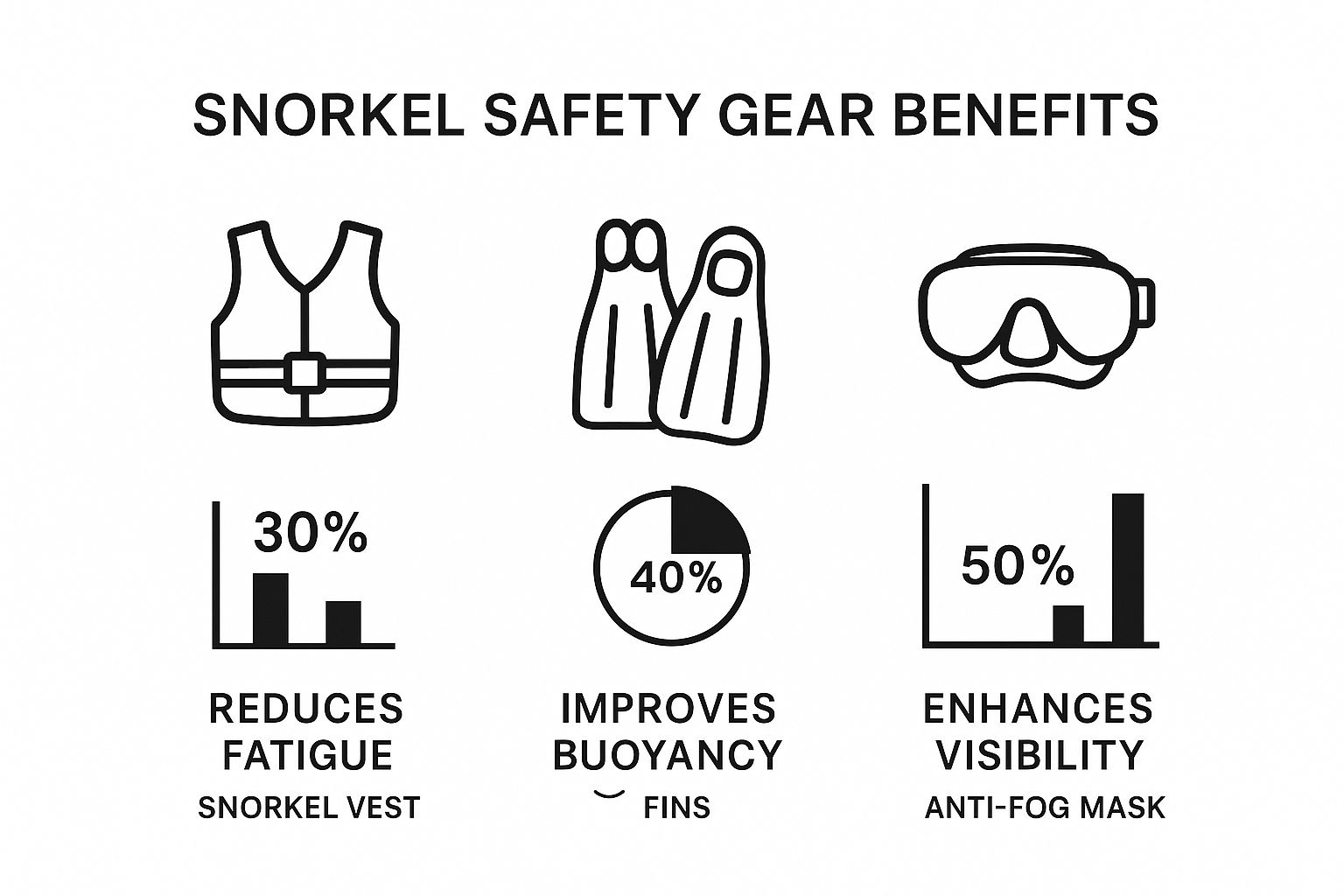 Infographic shows icons for a snorkel vest, fins, and a mask, with text explaining their benefits: snorkel vest reduces fatigue by 30%, fins improve buoyancy control by 40%, and an anti-fog mask enhances visibility by 50%.