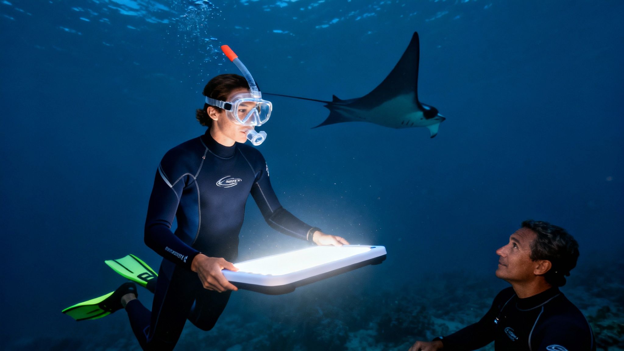 Two snorkelers with a bright light panel observe a majestic manta ray underwater.