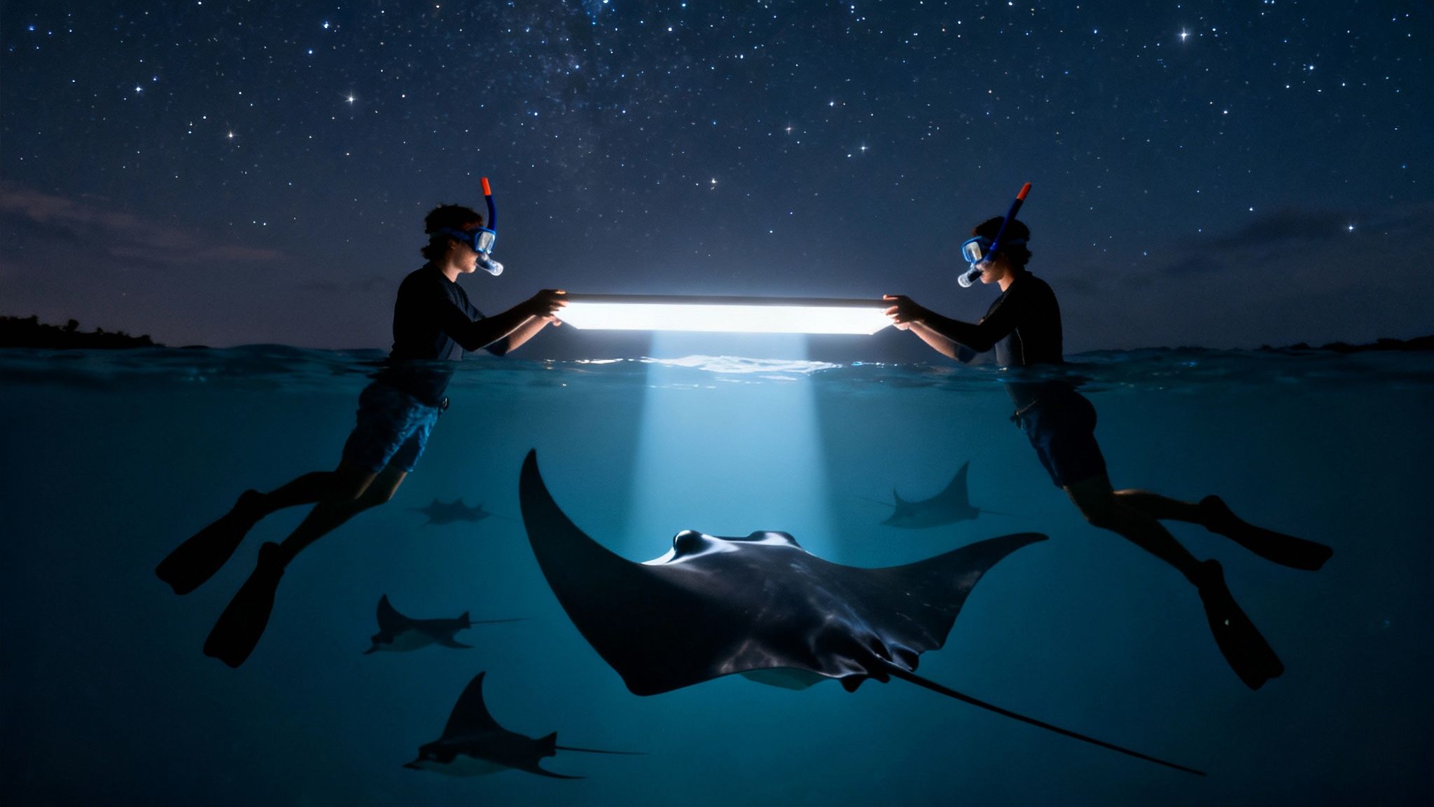 Snorkelers holding onto a light board at night as a manta ray swims just below them.