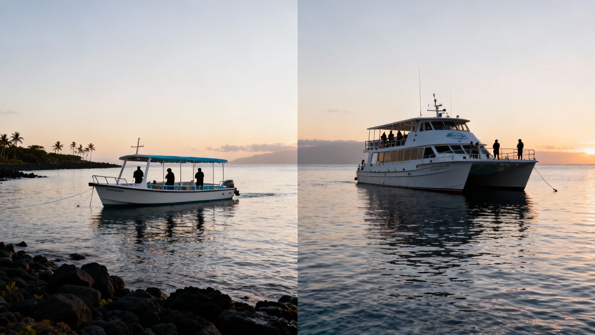 Snorkelers floating on the surface at night, watching a manta ray glide below them.