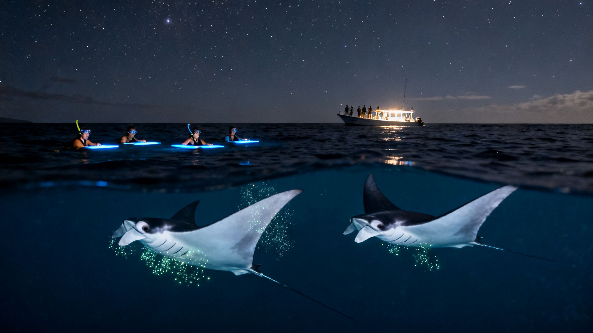 People enjoy night snorkeling with manta rays and bioluminescence under a beautiful starry sky.