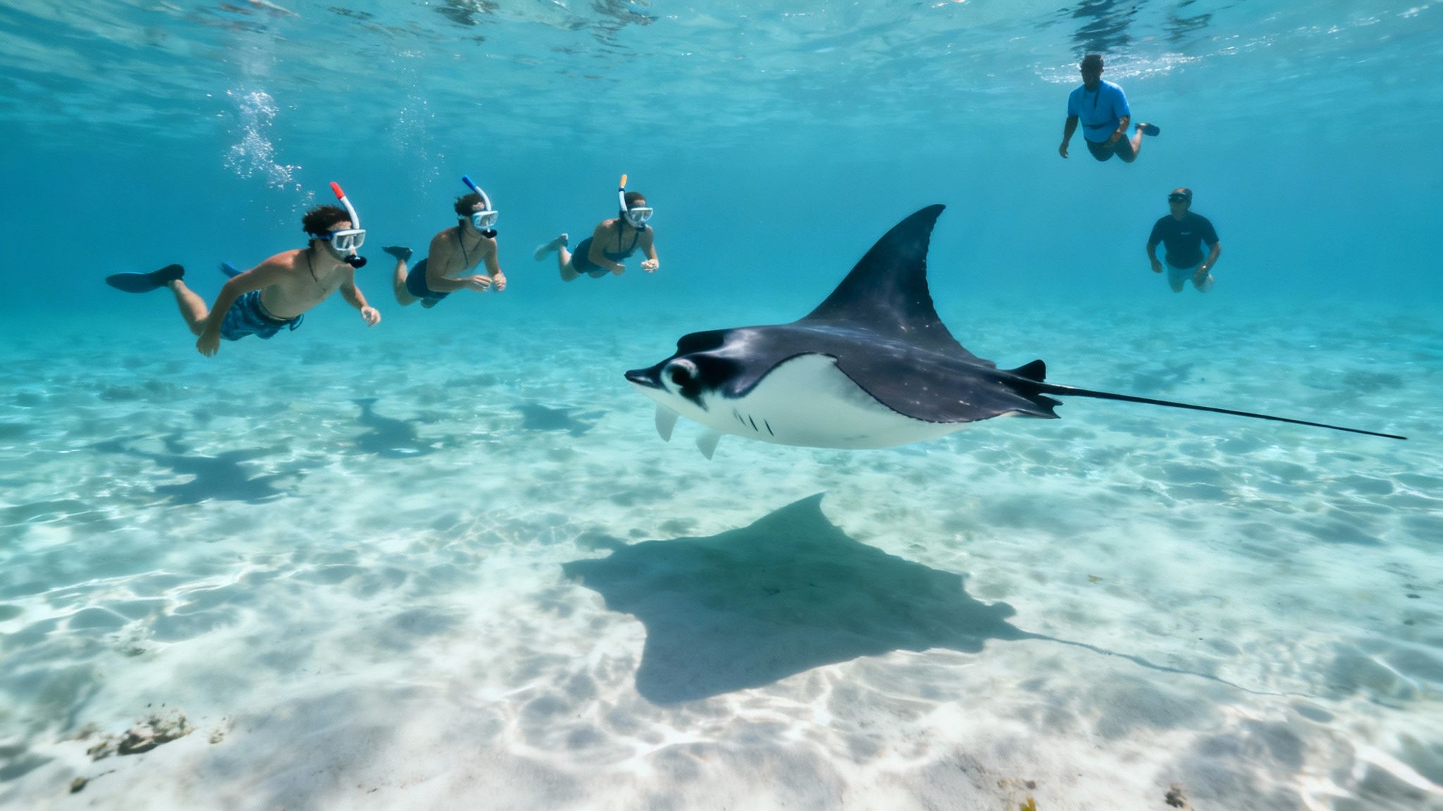 People snorkeling in clear blue water, observing a large manta ray and its shadow.
