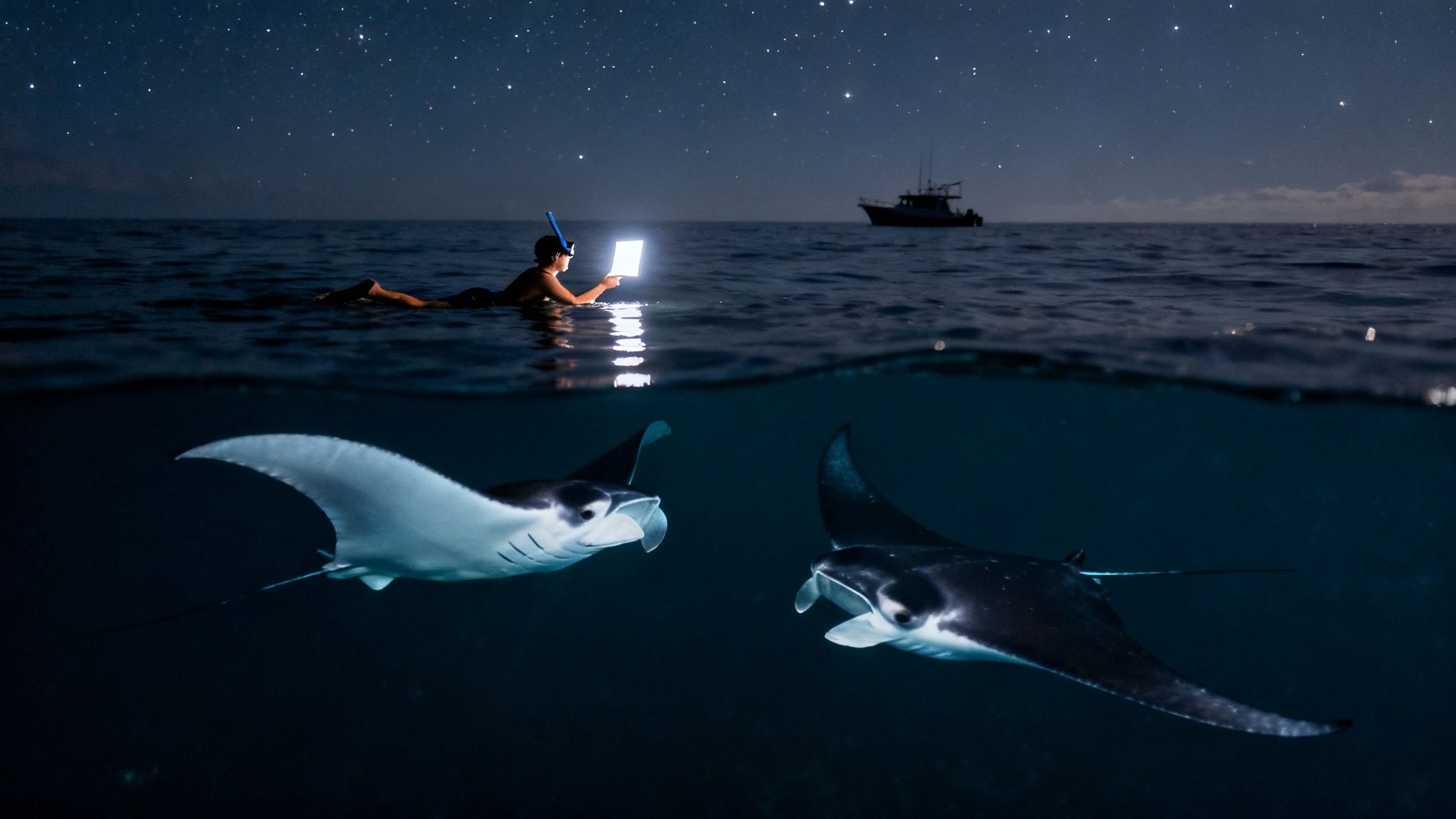 A snorkeler shines a light underwater at night, attracting two majestic manta rays under a starry sky.
