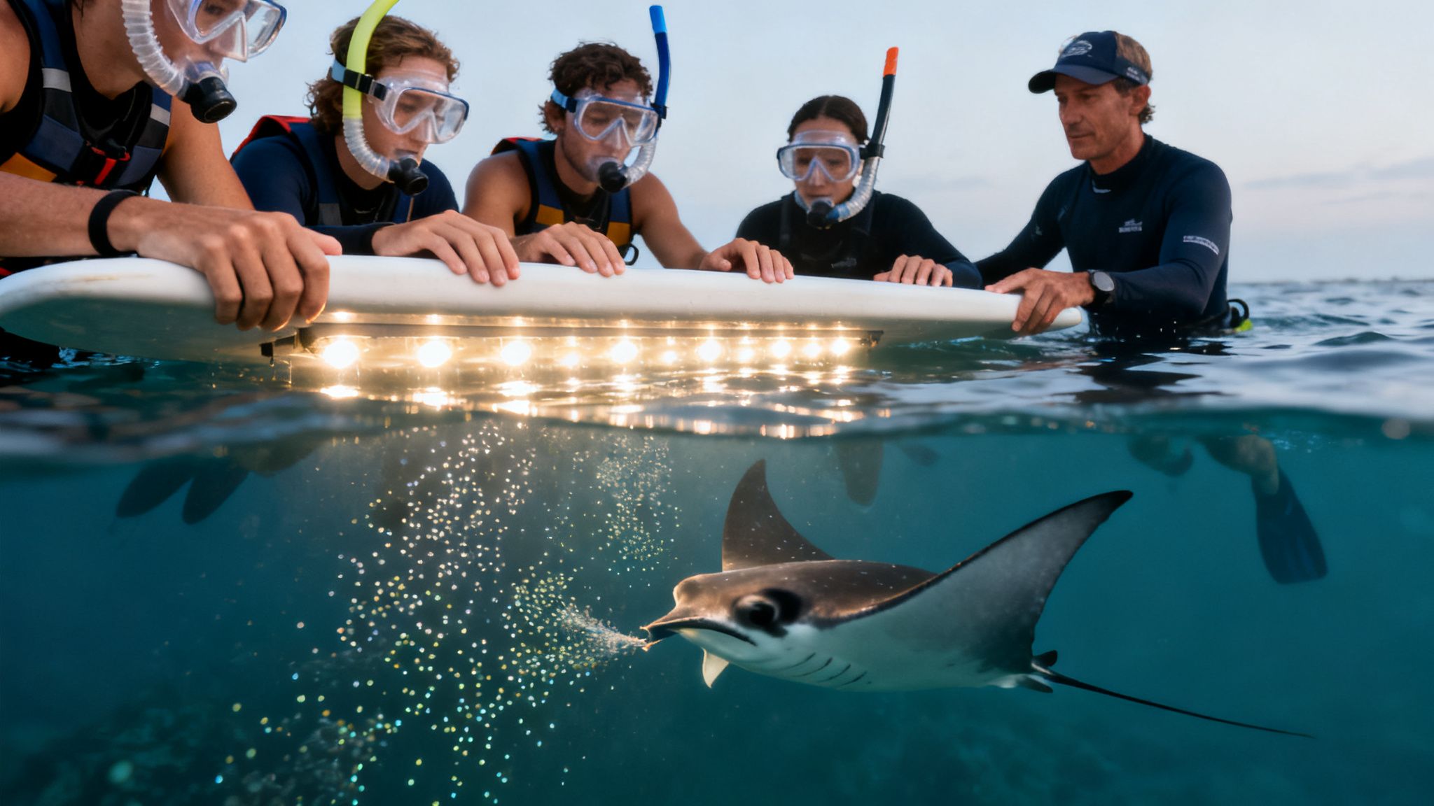 Snorkelers observe a majestic manta ray swimming below a lit board at twilight.
