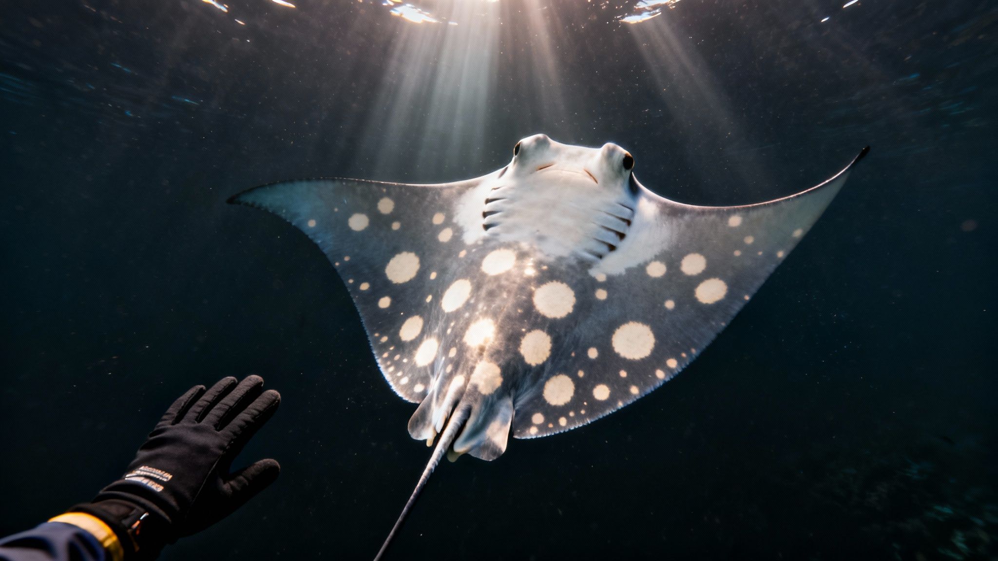 A majestic spotted eagle ray with white spots swims underwater, illuminated by sun rays, near a gloved hand.