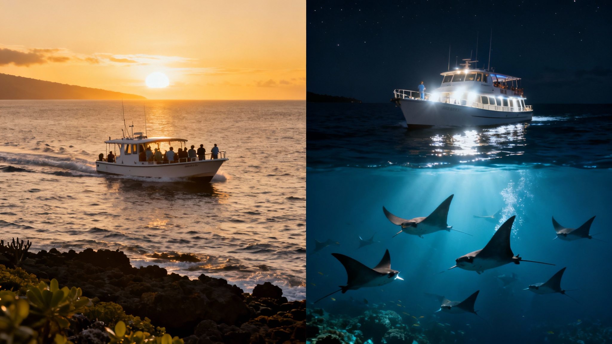 A split image featuring a boat at sunset and manta rays swimming under a boat at night.