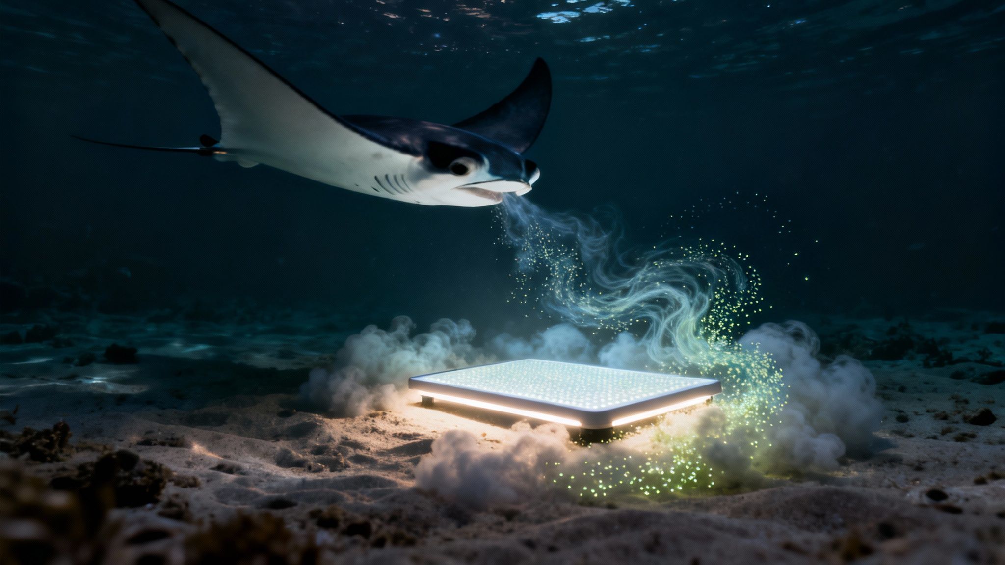 A majestic manta ray swims over a glowing, square device on the dark ocean floor, emitting luminous particles.