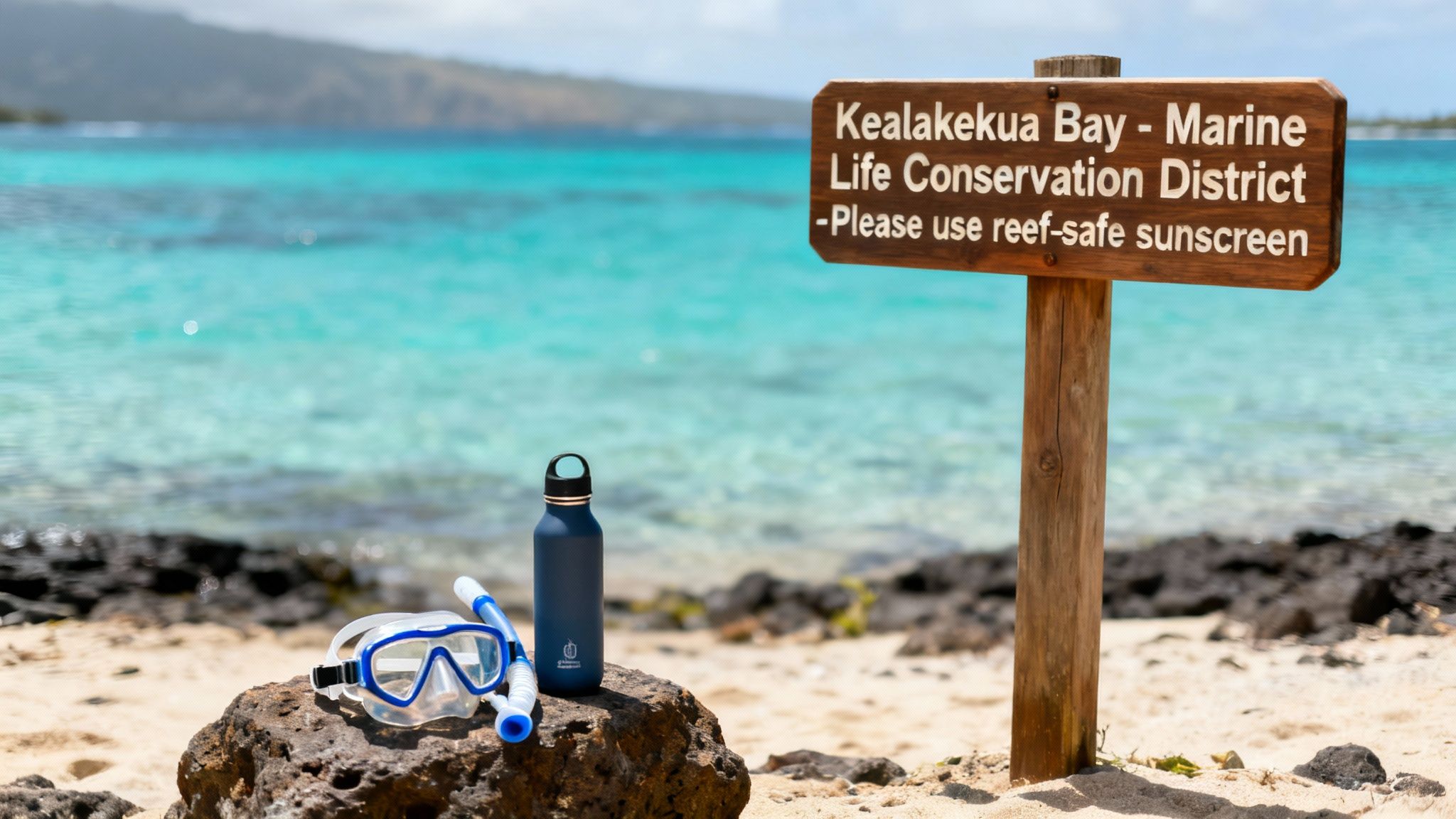 Snorkeling mask, water bottle, and marine conservation sign on a tropical beach in Kealakekua Bay.