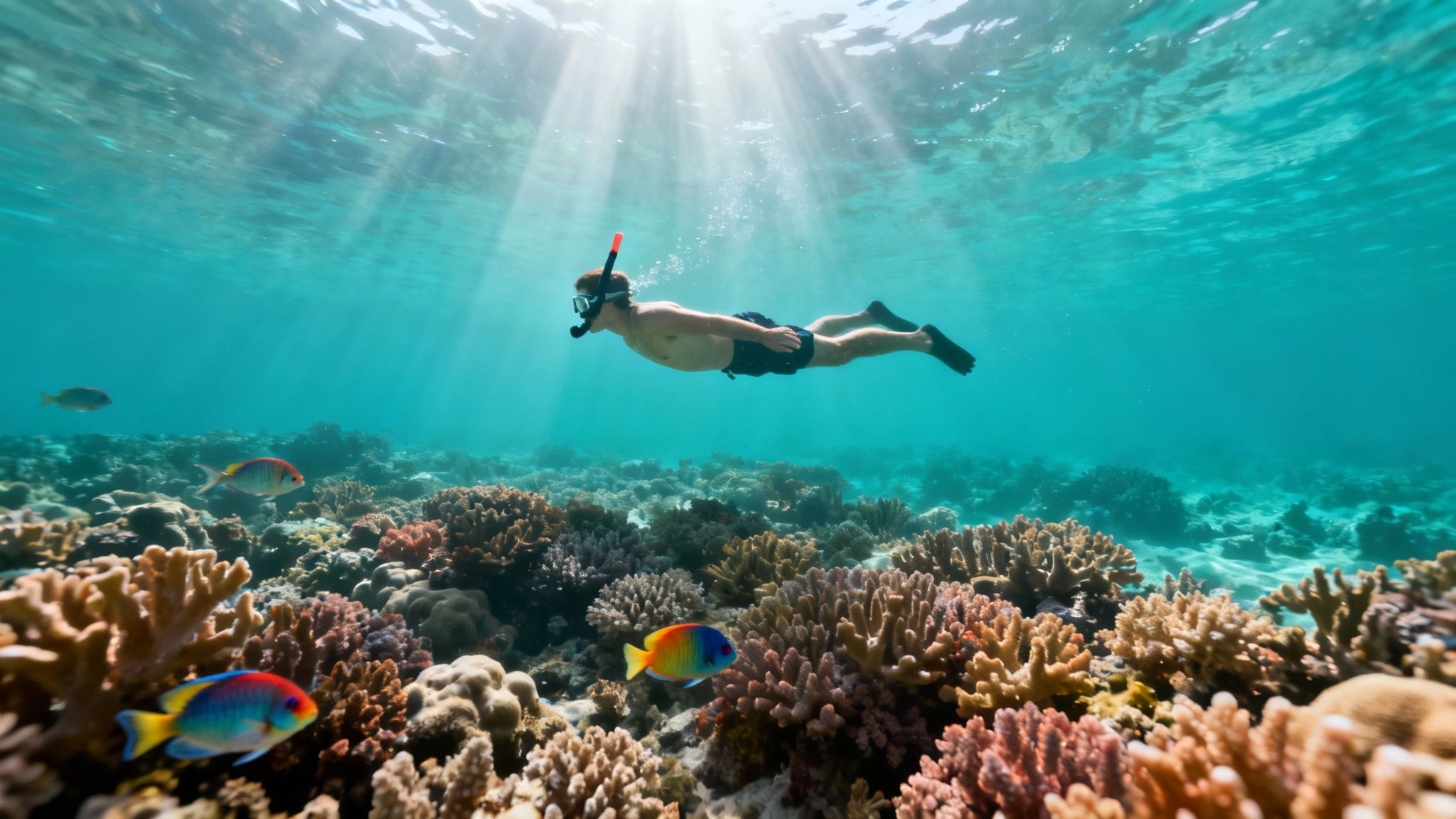 A snorkeler swimming with a sea turtle over a coral reef on the Big Island.