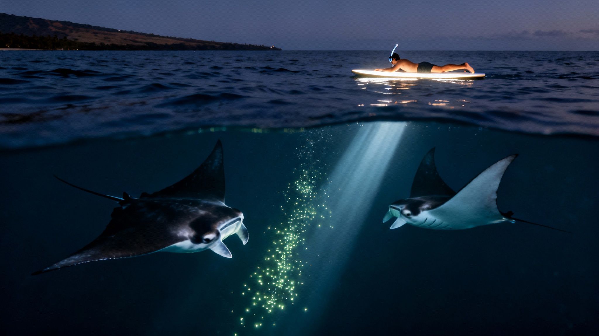 Night snorkeling with manta rays and bioluminescent plankton illuminated by a paddleboard light.
