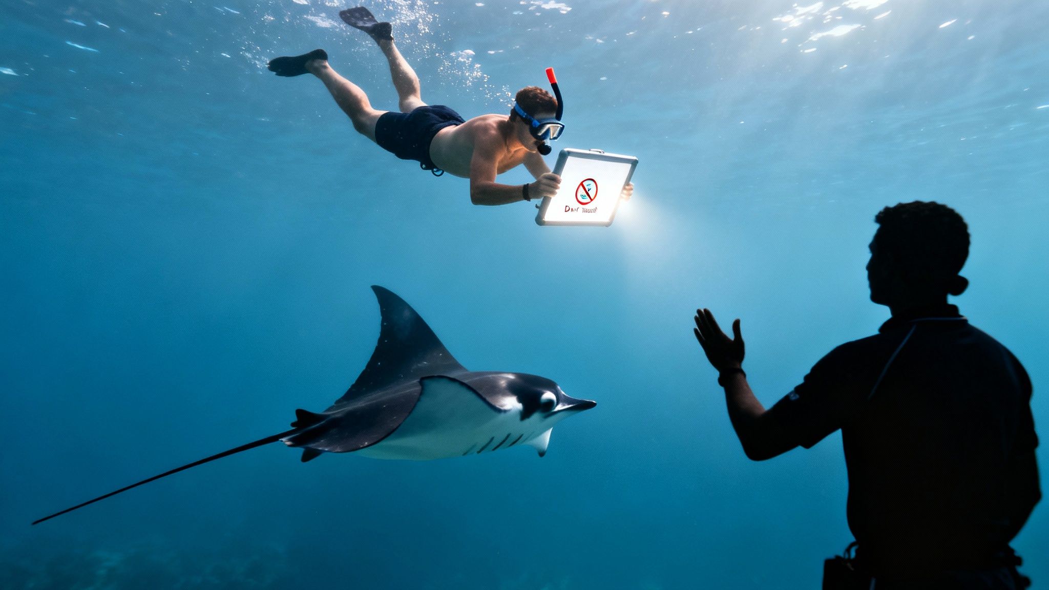 A snorkeler holds a 'Don't touch' sign near a manta ray and a silhouetted person underwater.