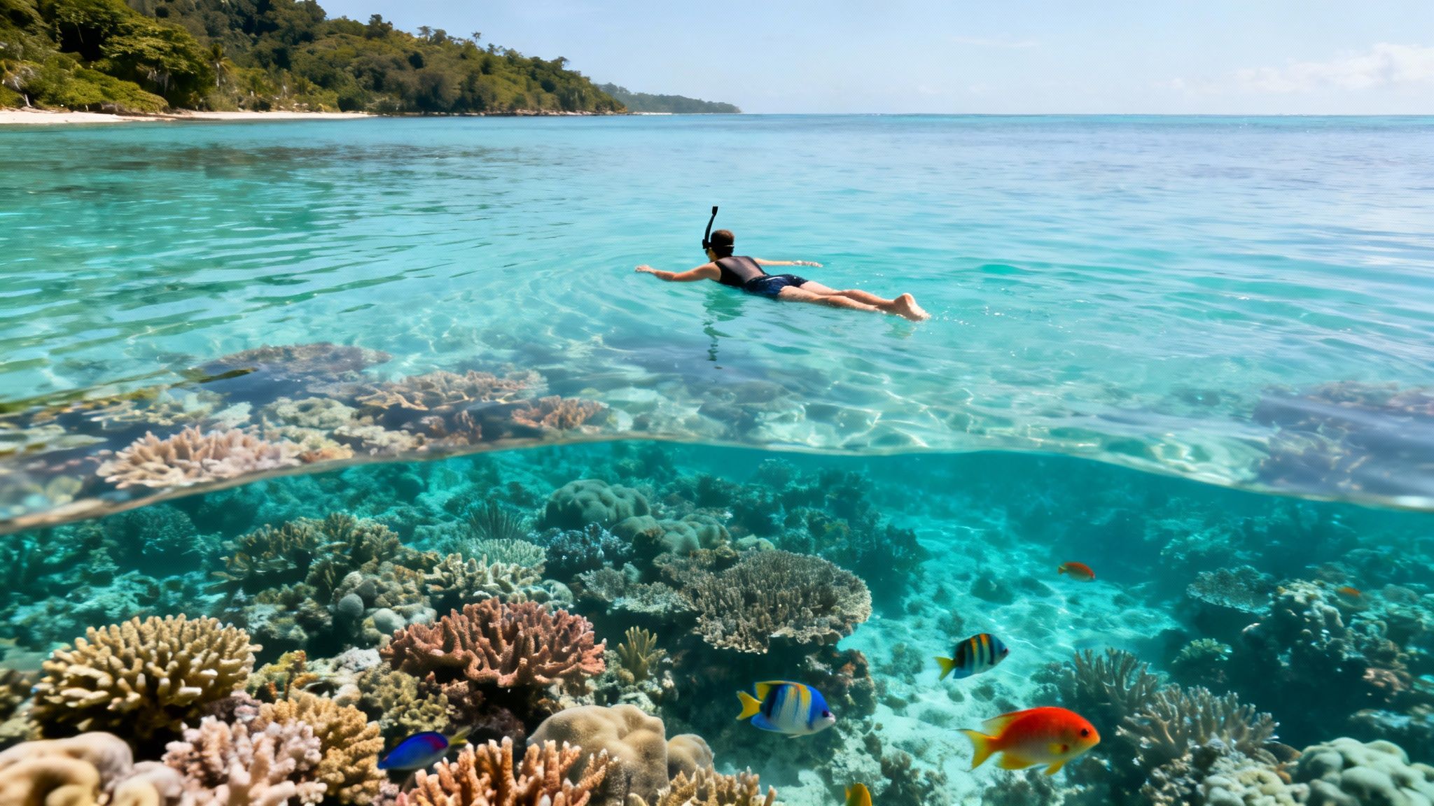 Over-under view of a person snorkeling above a vibrant coral reef with tropical fish.