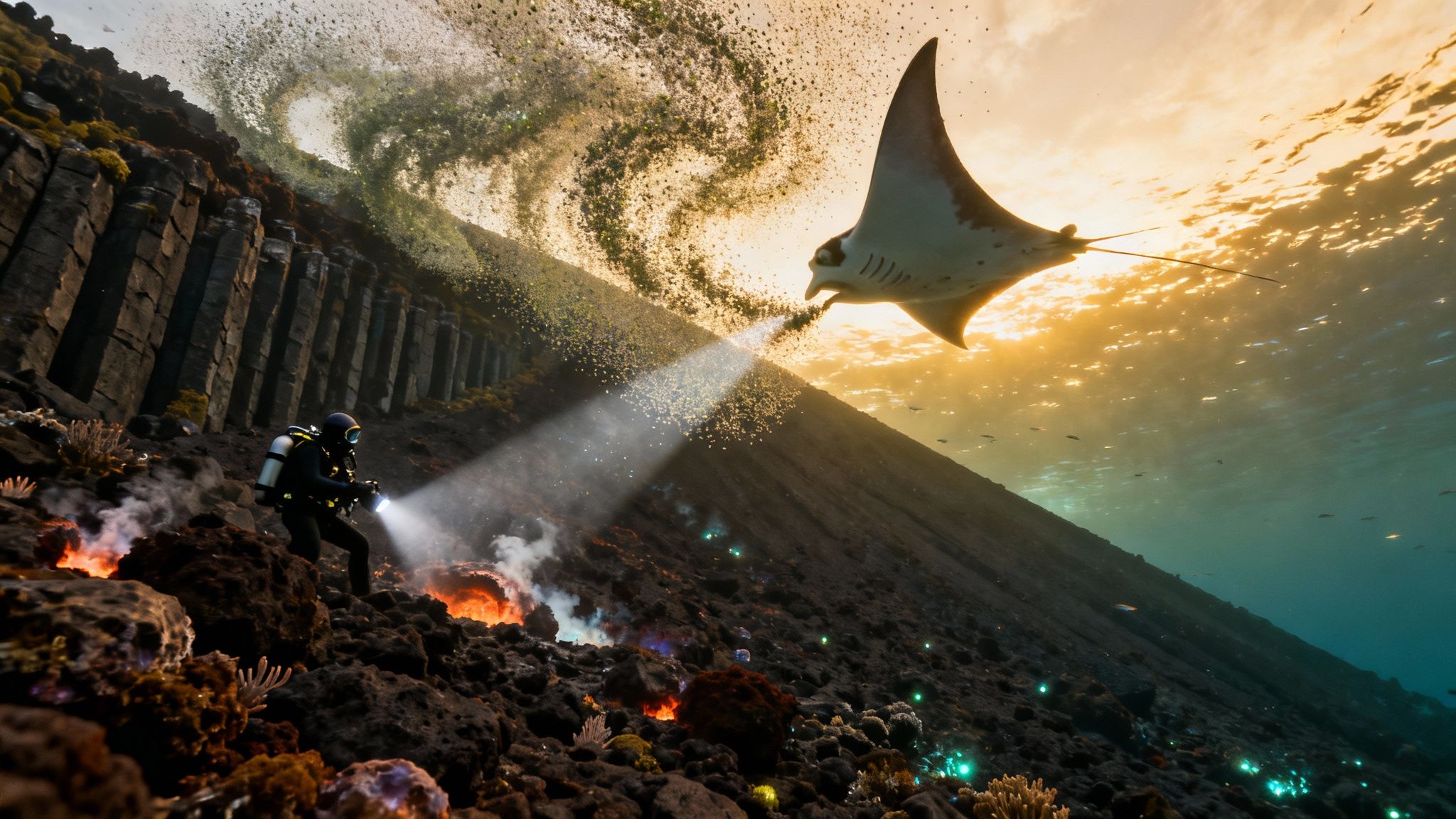 A diver with a flashlight encounters a giant manta ray over glowing volcanic rocks underwater.