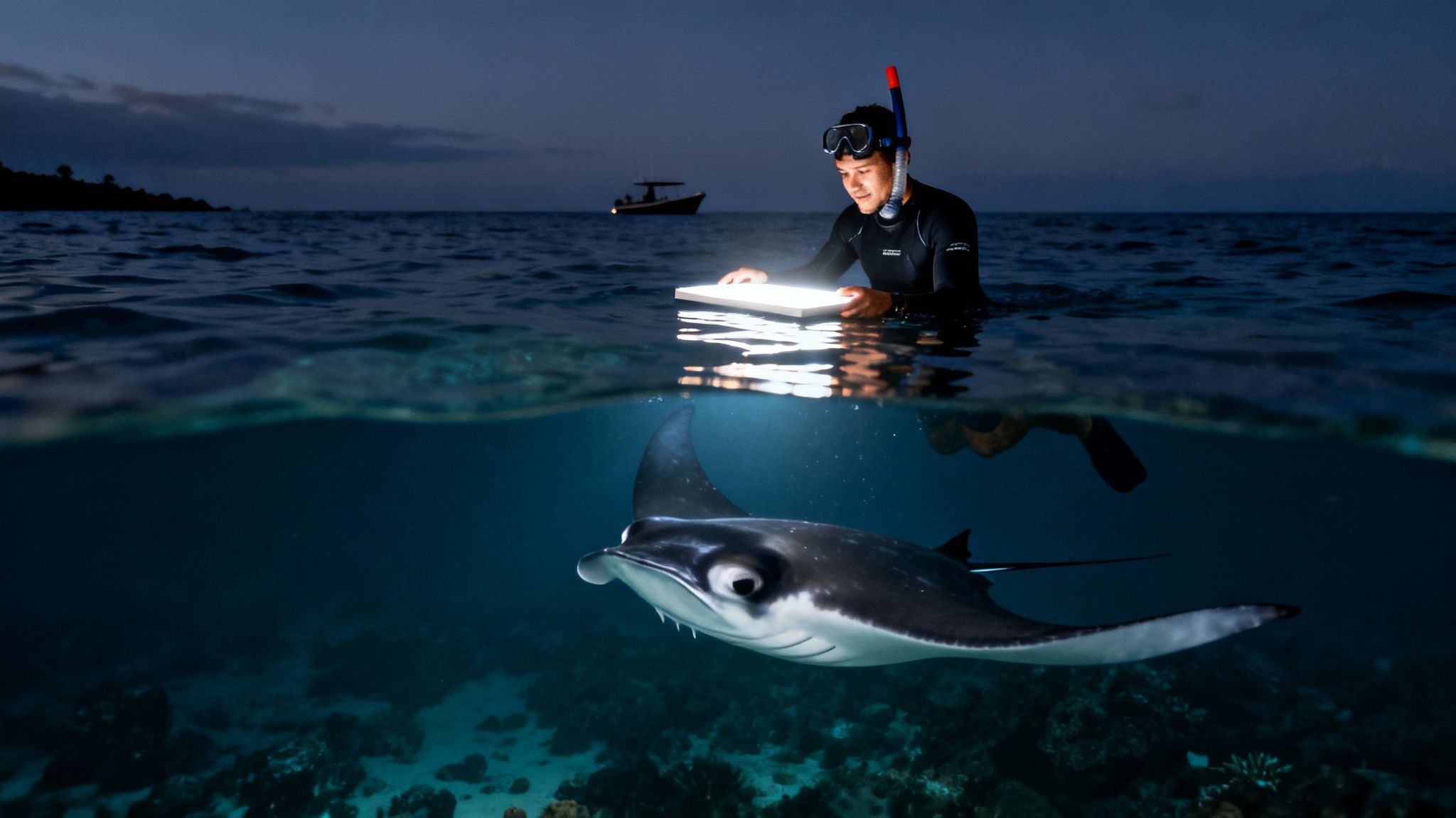 A split shot of a person snorkeling at night, holding a light, with a manta ray swimming below.