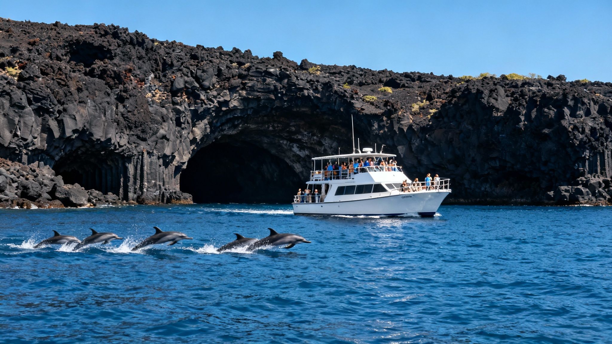 Dolphins leaping in front of a tour boat near a volcanic cave on a sunny day.