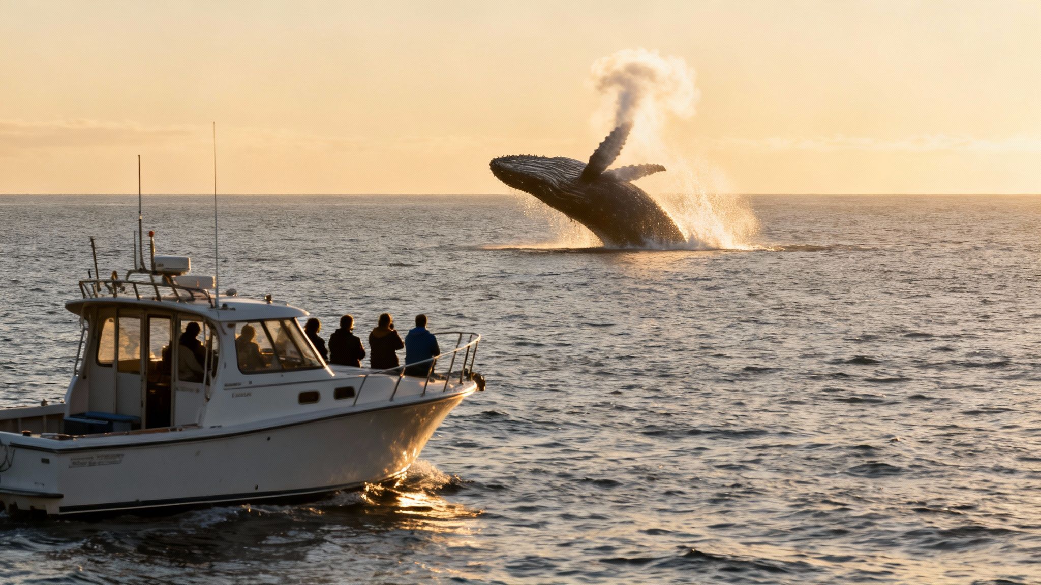A whale watching boat with people observes a humpback whale breaching dramatically from the ocean at sunset.