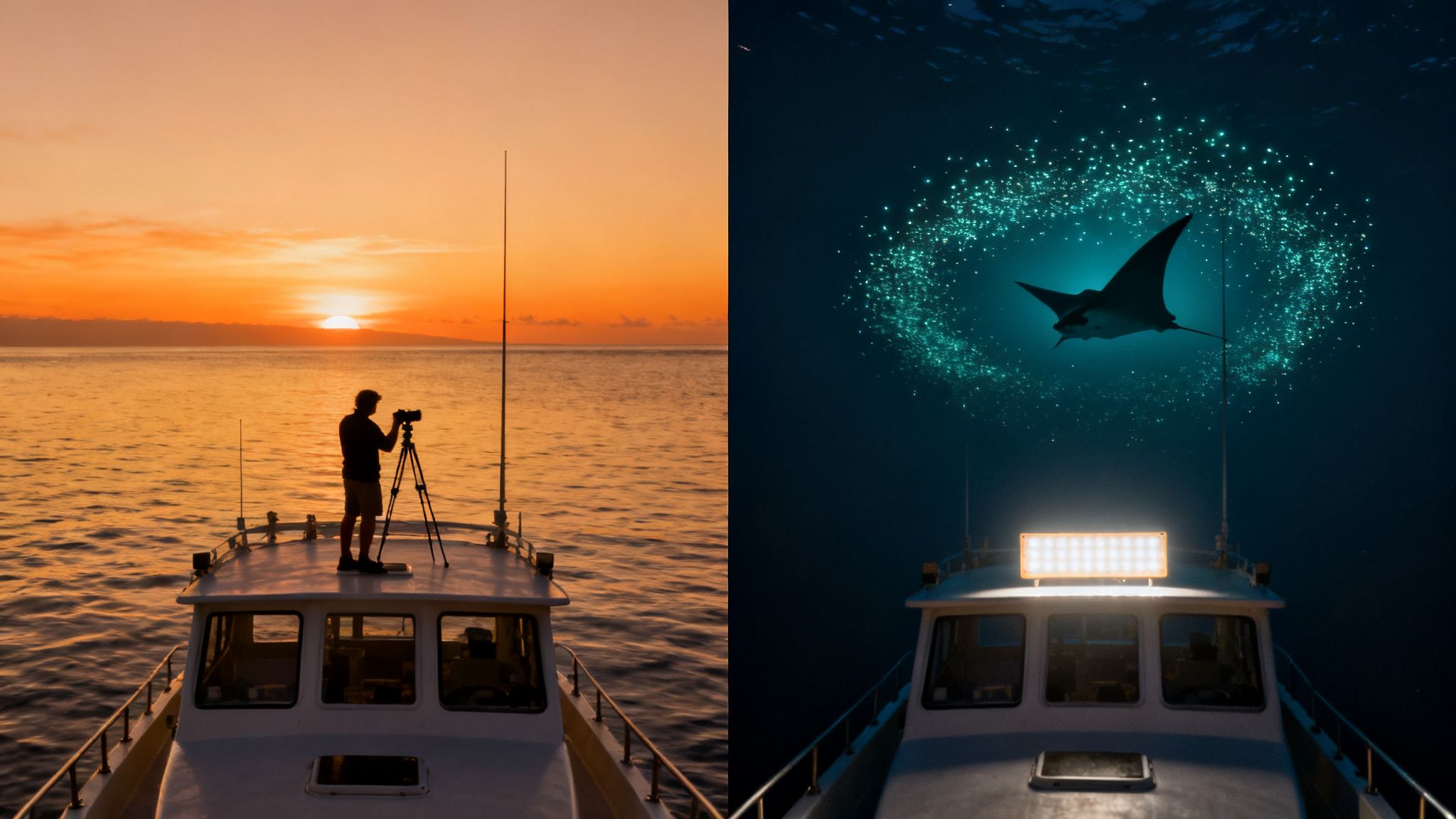 A split image showing a boat at sunset with a photographer, and at night with a manta ray.