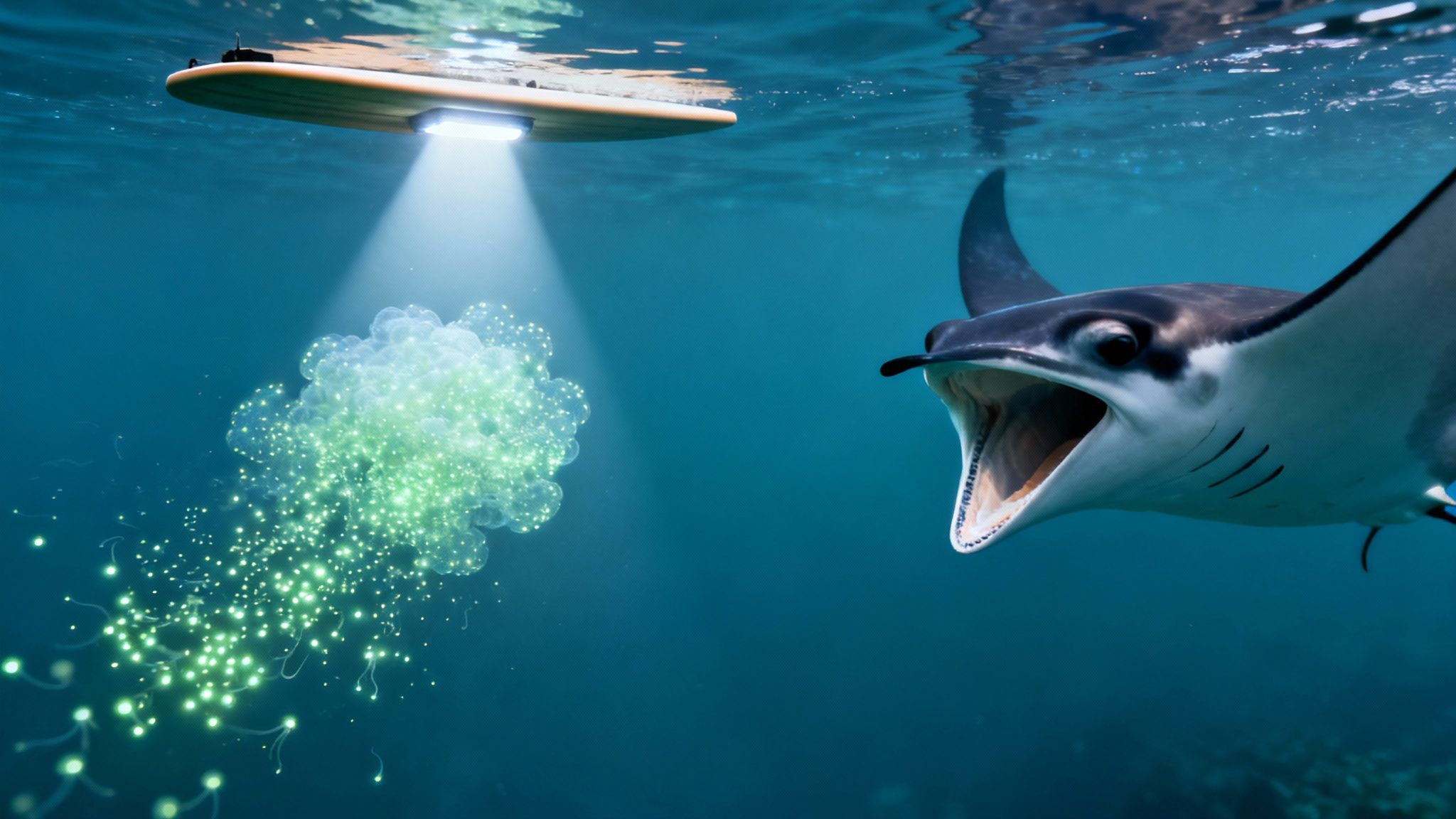 An underwater manta ray with mouth open approaches glowing green plankton illuminated by a surfboard light.