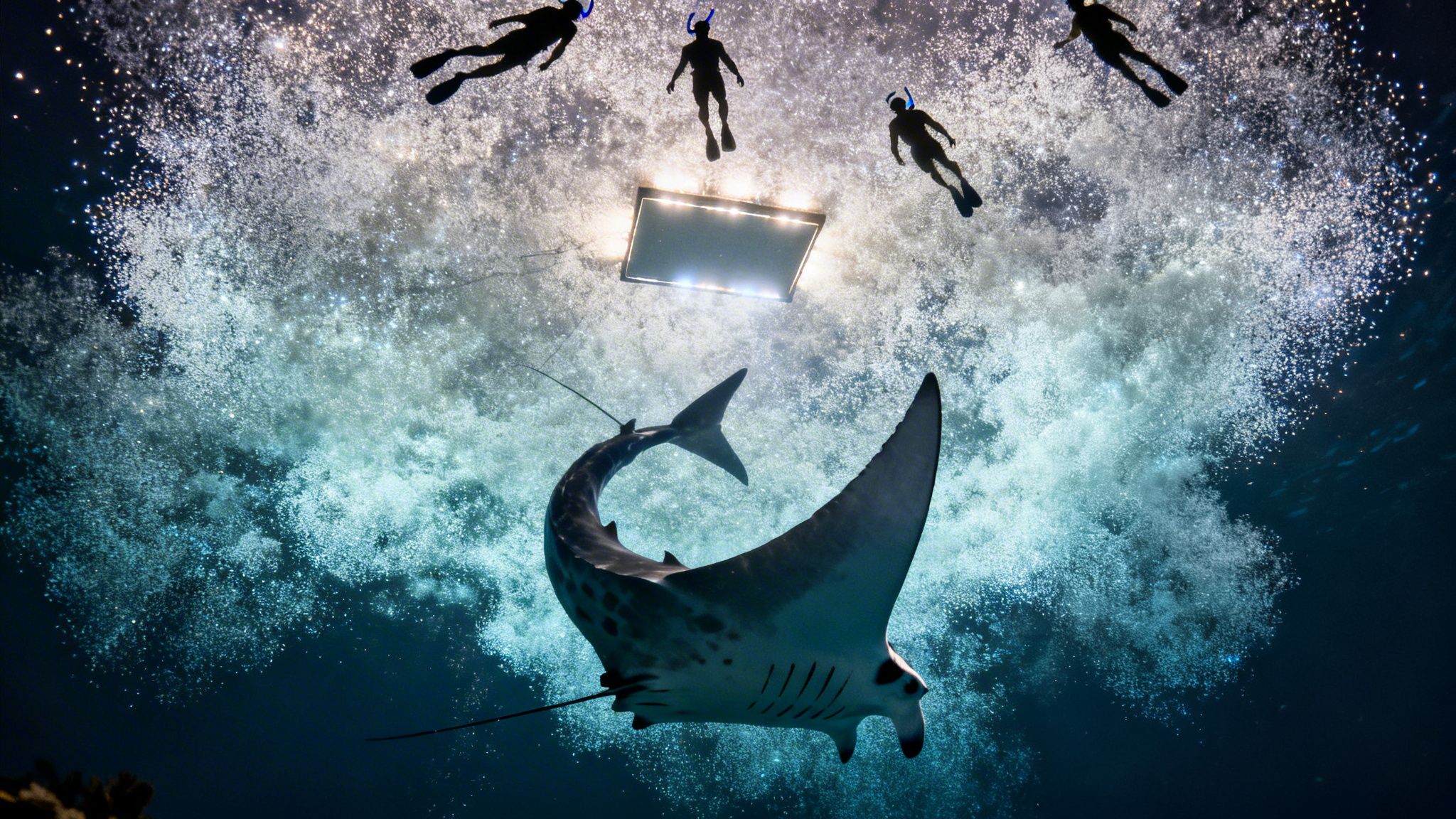 Four snorkelers observe a large manta ray illuminated by underwater lights in sparkling blue water.