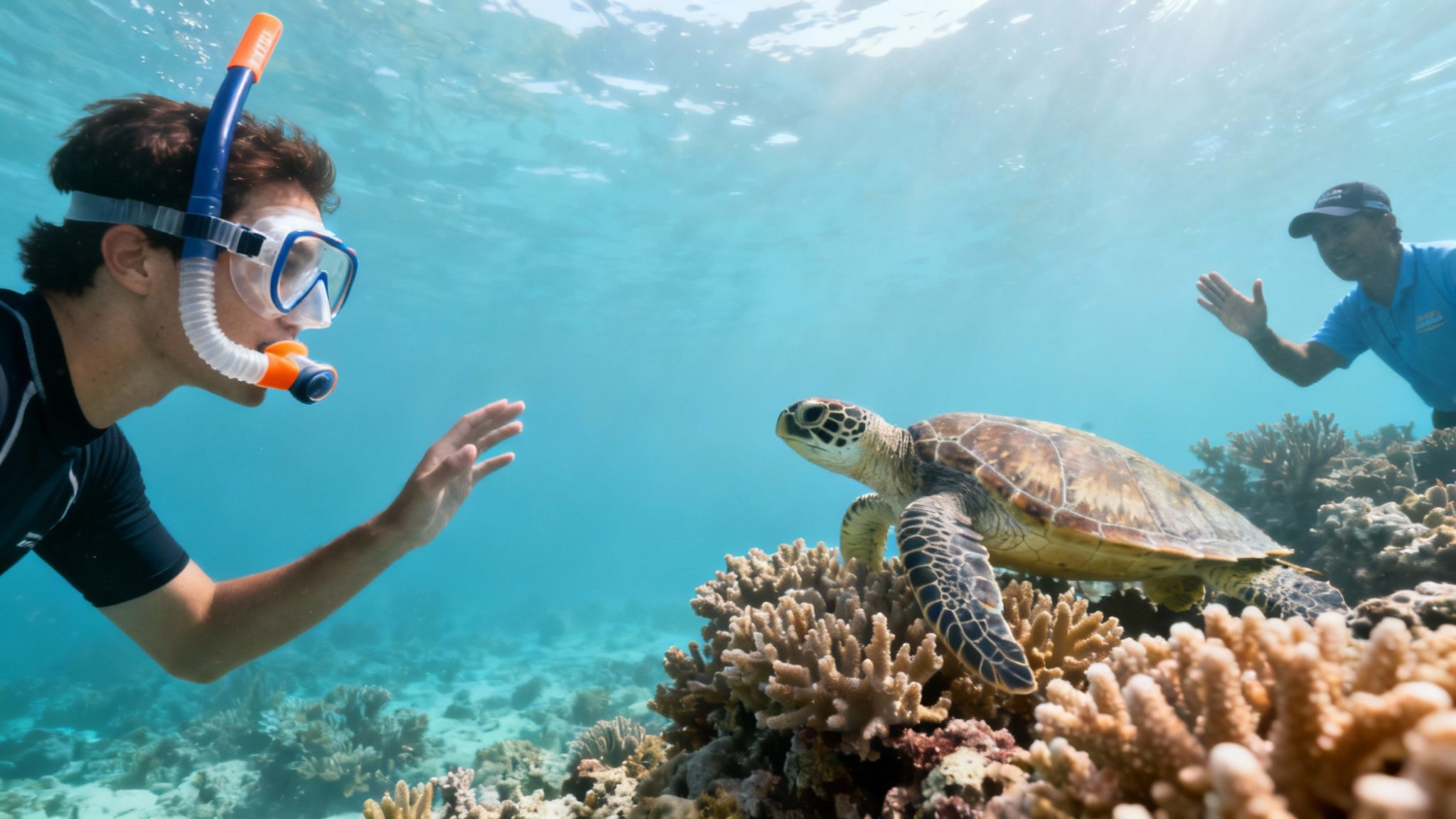 A snorkeler observes a sea turtle on a vibrant coral reef, with a guide nearby underwater.
