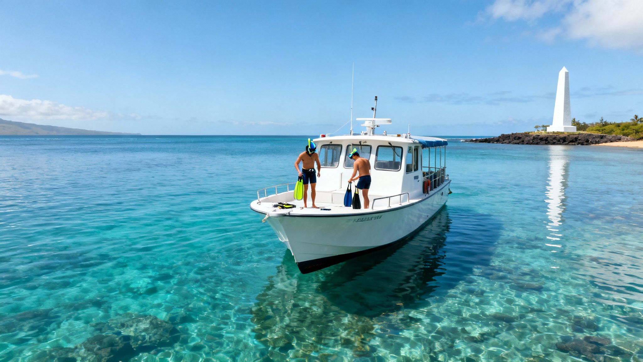 Two men prepare to snorkel from a boat in clear Hawaiian waters near the Captain Cook Monument.
