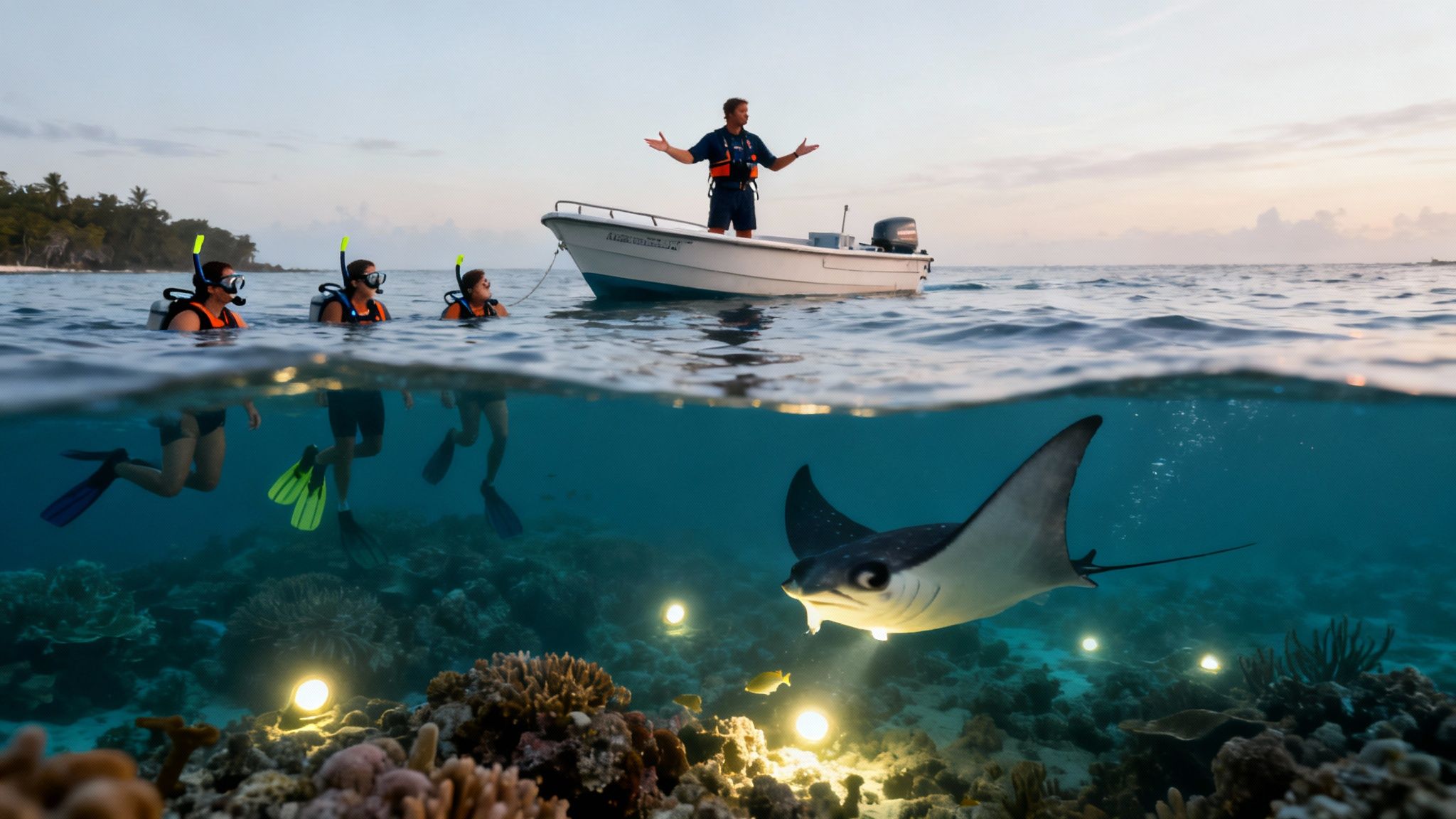 Snorkelers and boat operator observe a large manta ray swimming over a coral reef with glowing lights at dusk.