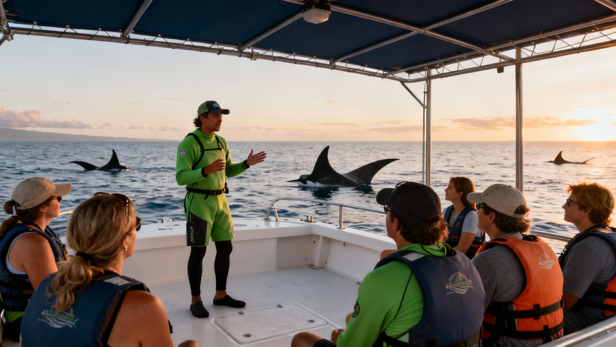 A guide on a boat explaining about manta rays to a group of snorkelers at sunset.