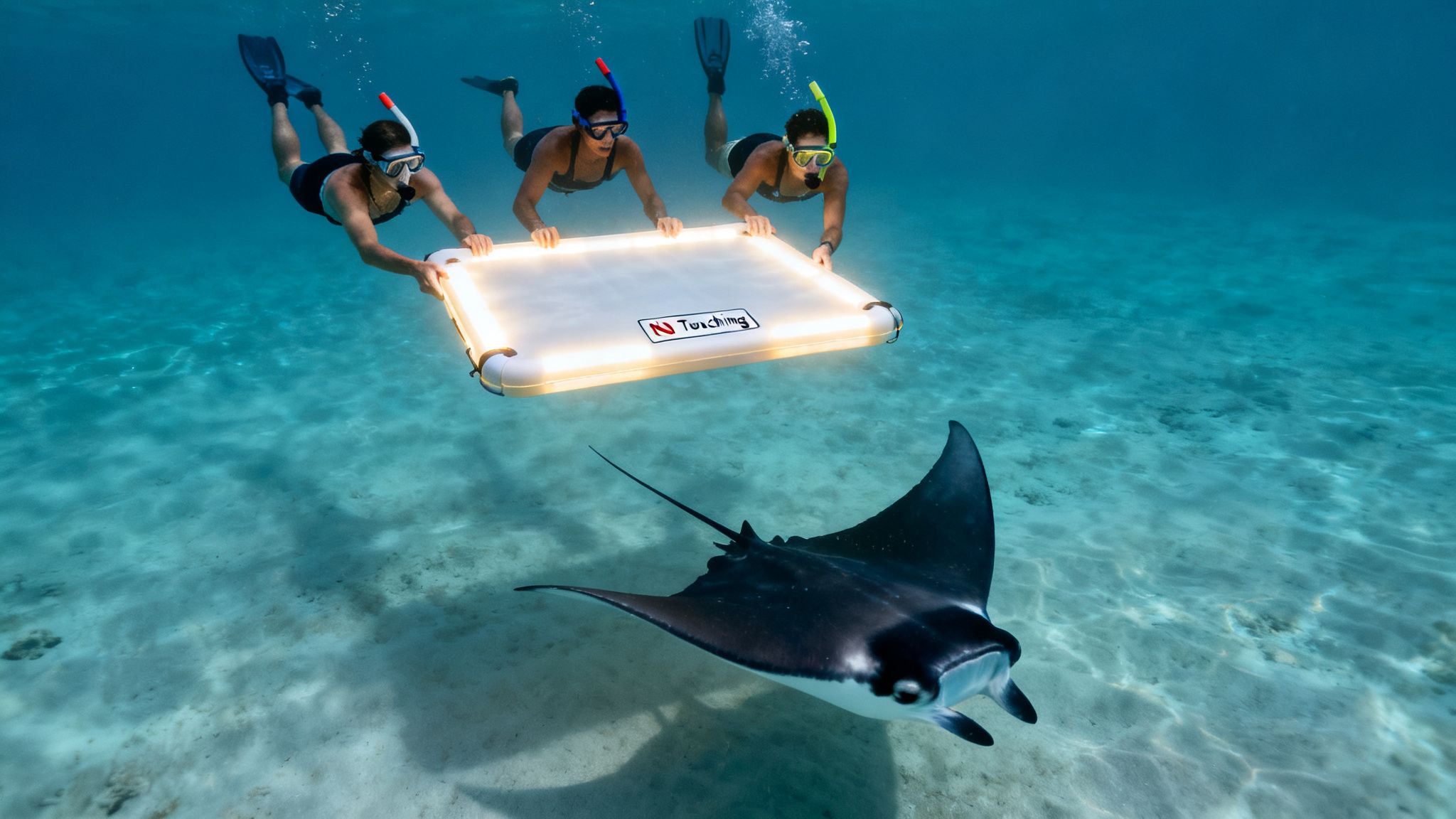 Snorkelers use a light board to observe a manta ray at night in clear ocean water.