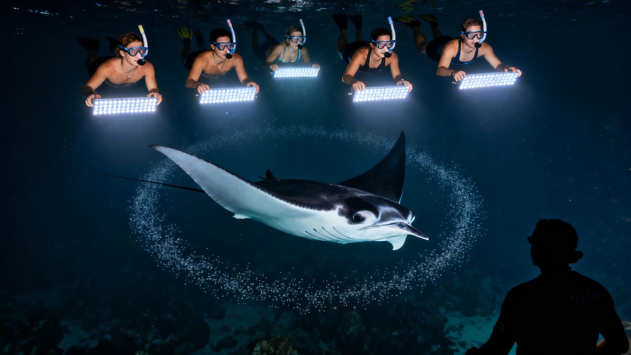 Five snorkelers illuminate a majestic manta ray with bright lights at night underwater, creating a bubble ring.