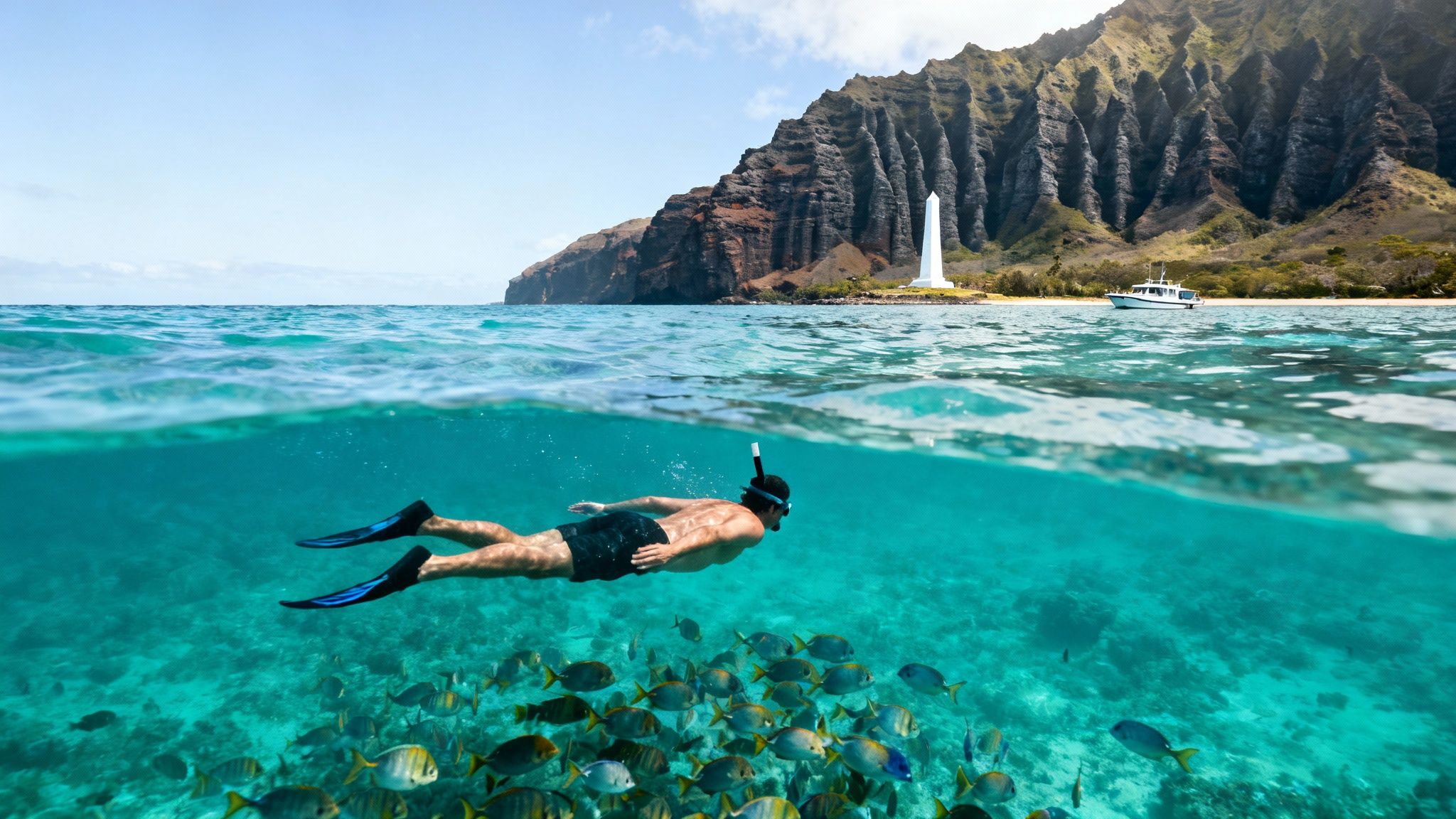 A man snorkels in clear turquoise water with fish below, overlooking a white monument, boat, and majestic mountain.
