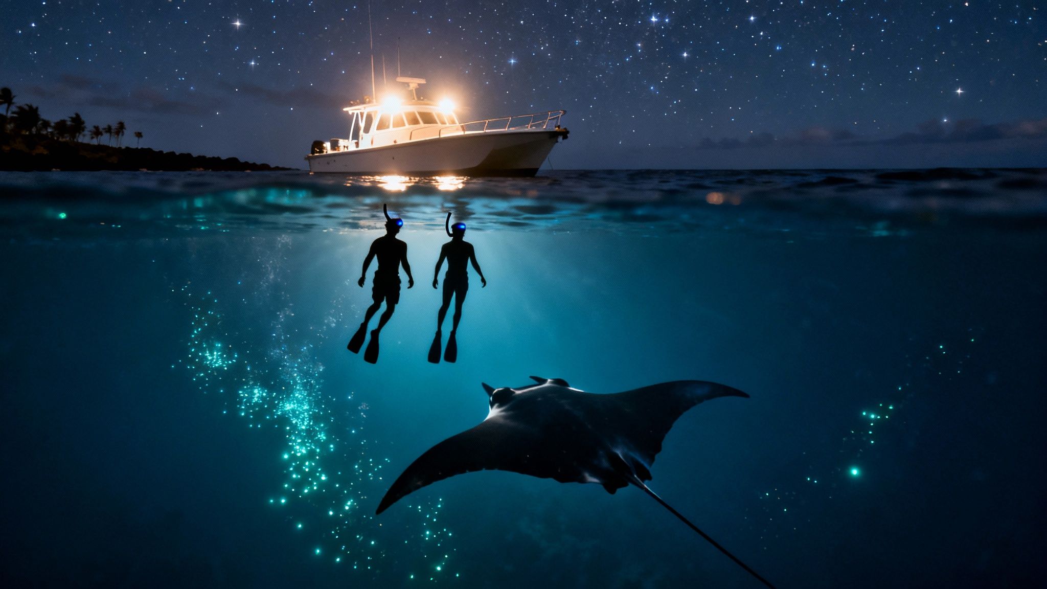 Two snorkelers swim at night with a manta ray, illuminated by bioluminescent plankton and a boat under a starry sky.