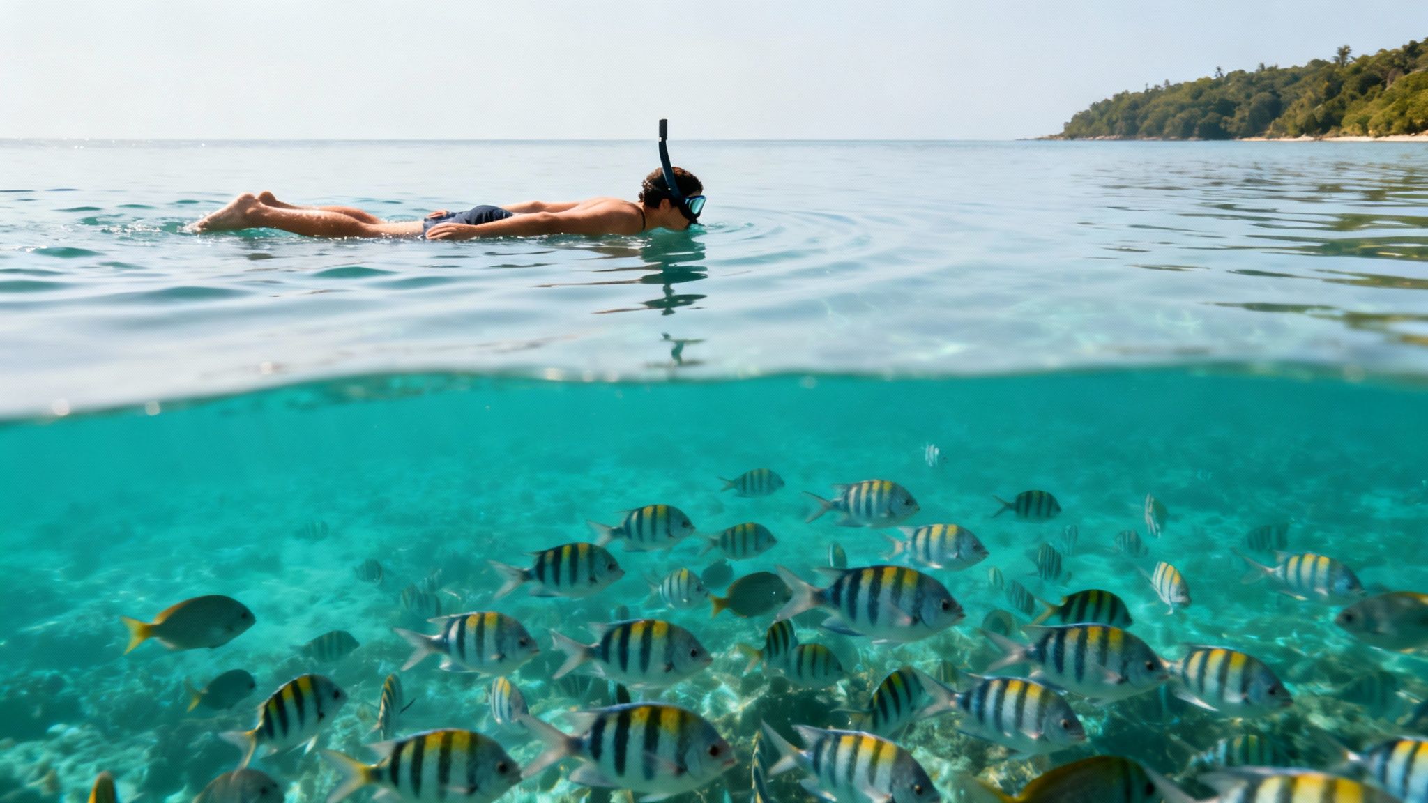 A split-level view of a person snorkeling in clear tropical waters, with many striped fish underwater.