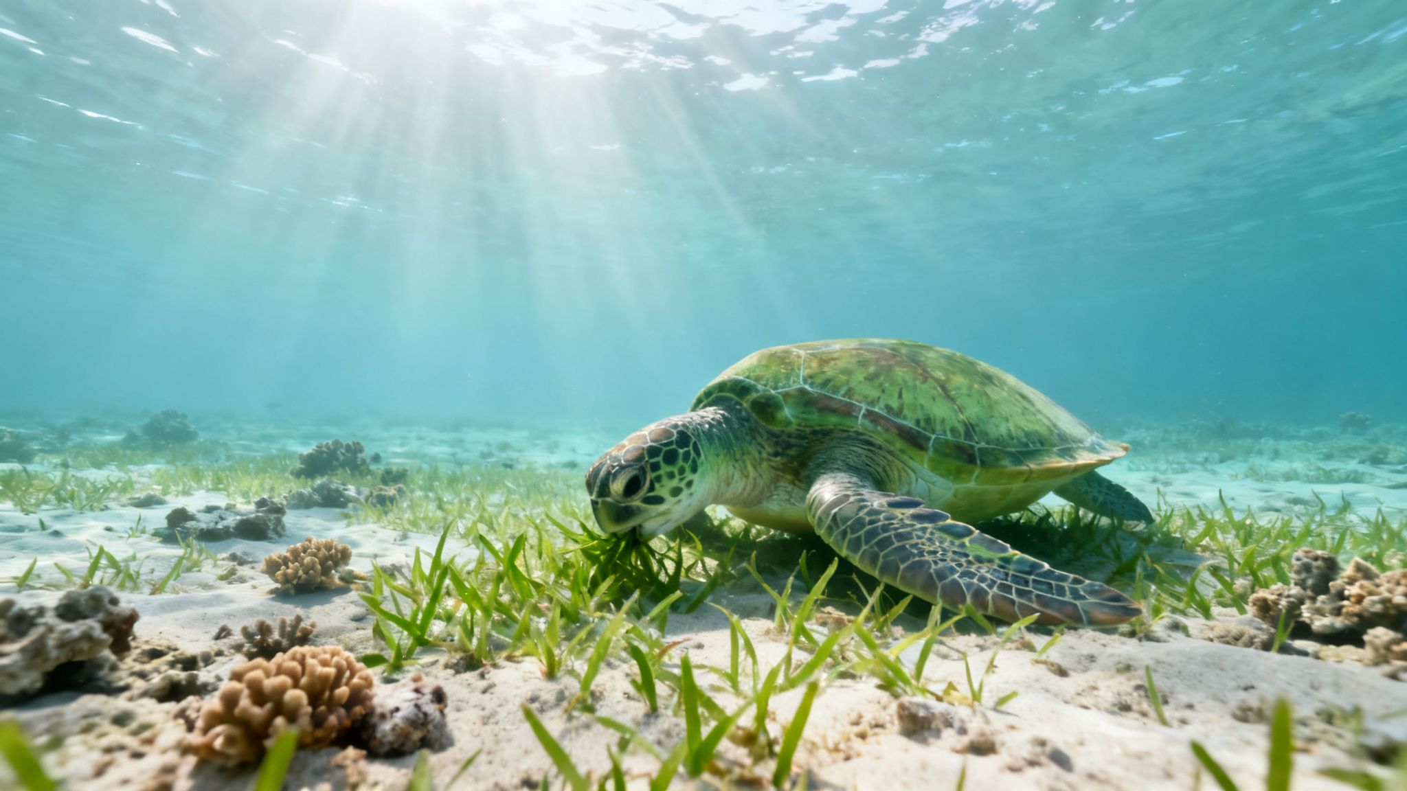 A green sea turtle gracefully feeds on seagrass on the sunlit sandy seabed.