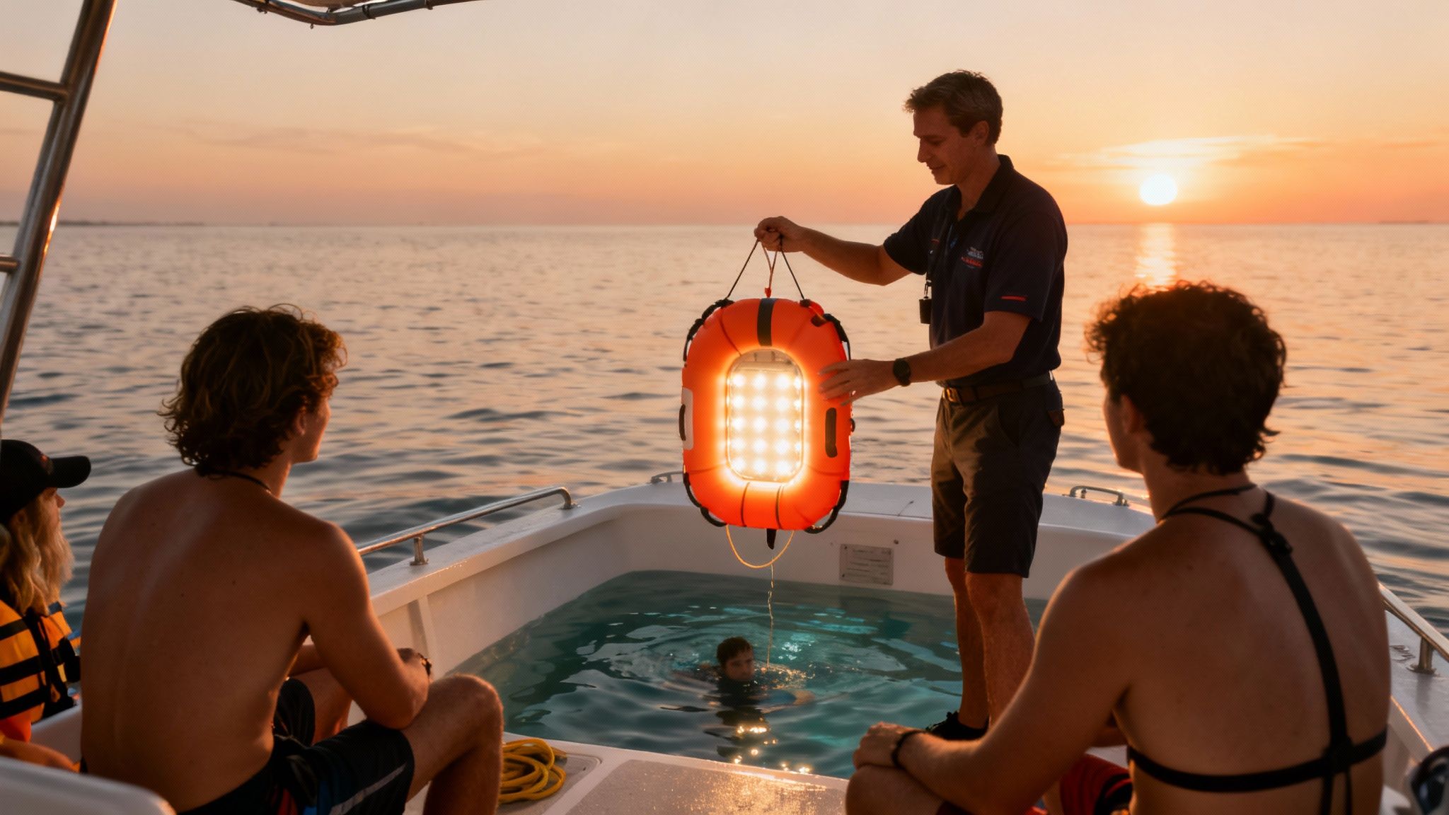 A man on a boat holds a bright underwater light as people prepare for a night tour at sunset.