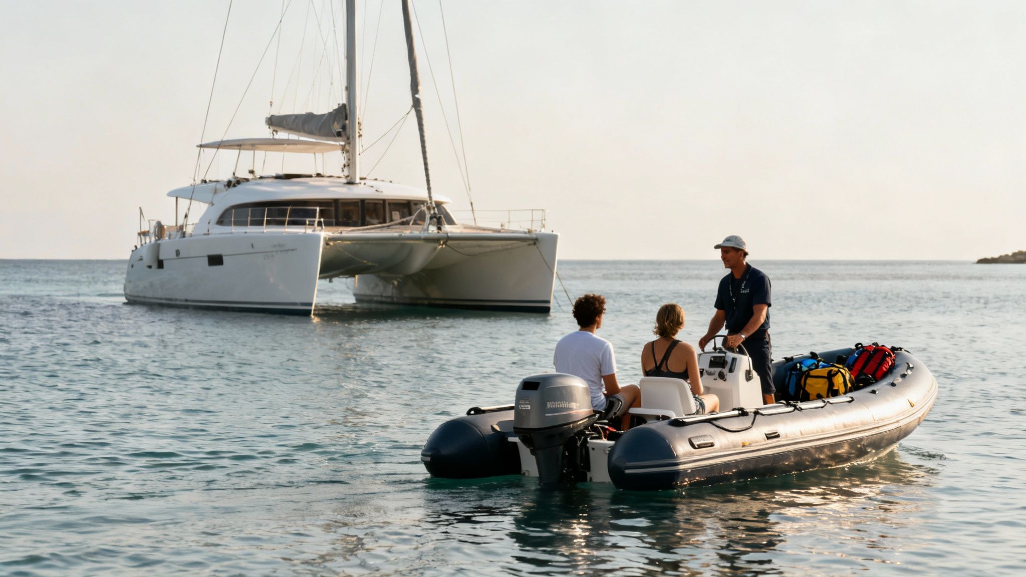 Three people in a small inflatable boat with a large white catamaran in the background.